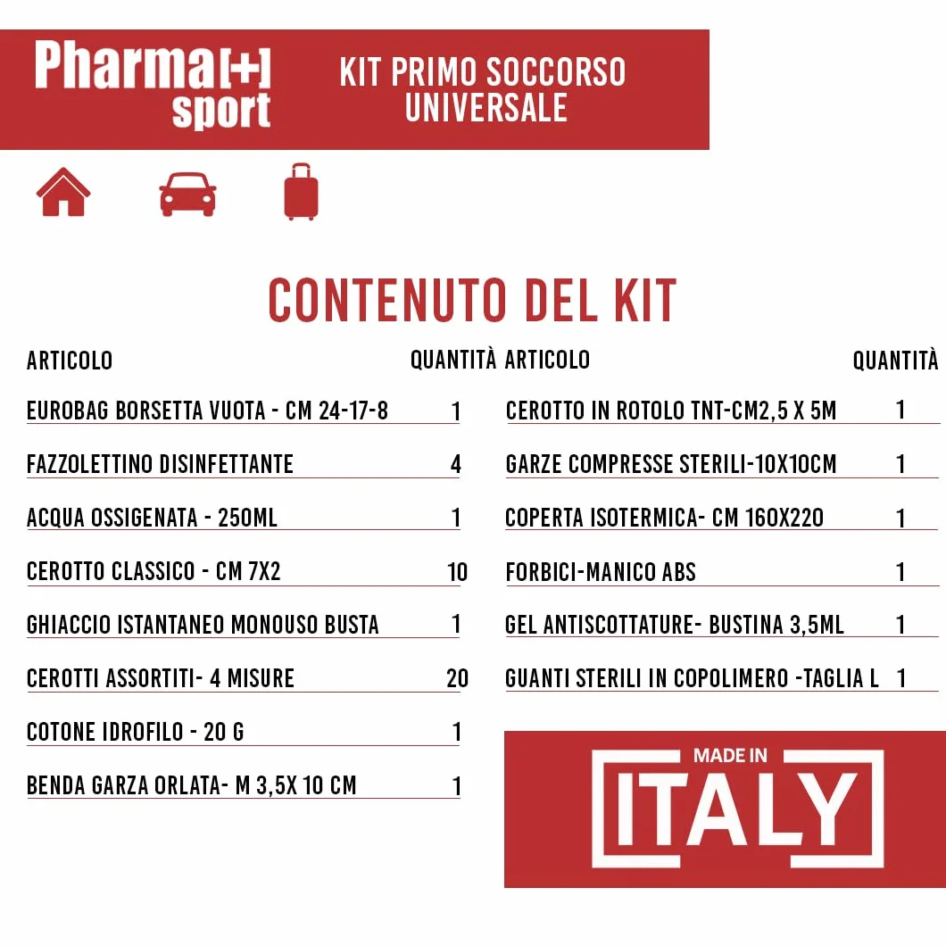 Kit Primo Soccorso PHARMAPIÙ SPORT Borsa Emergenza Completa con Garze Cerotti Disinfettante Guanti Made in Italy