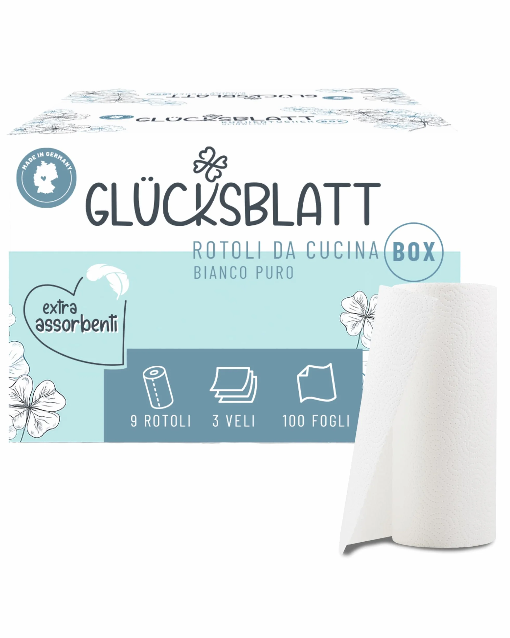 Glücksblatt Carta da Cucina 9 Rotoli 100 Fogli 3 Strati Senza Plastica Sostenibili