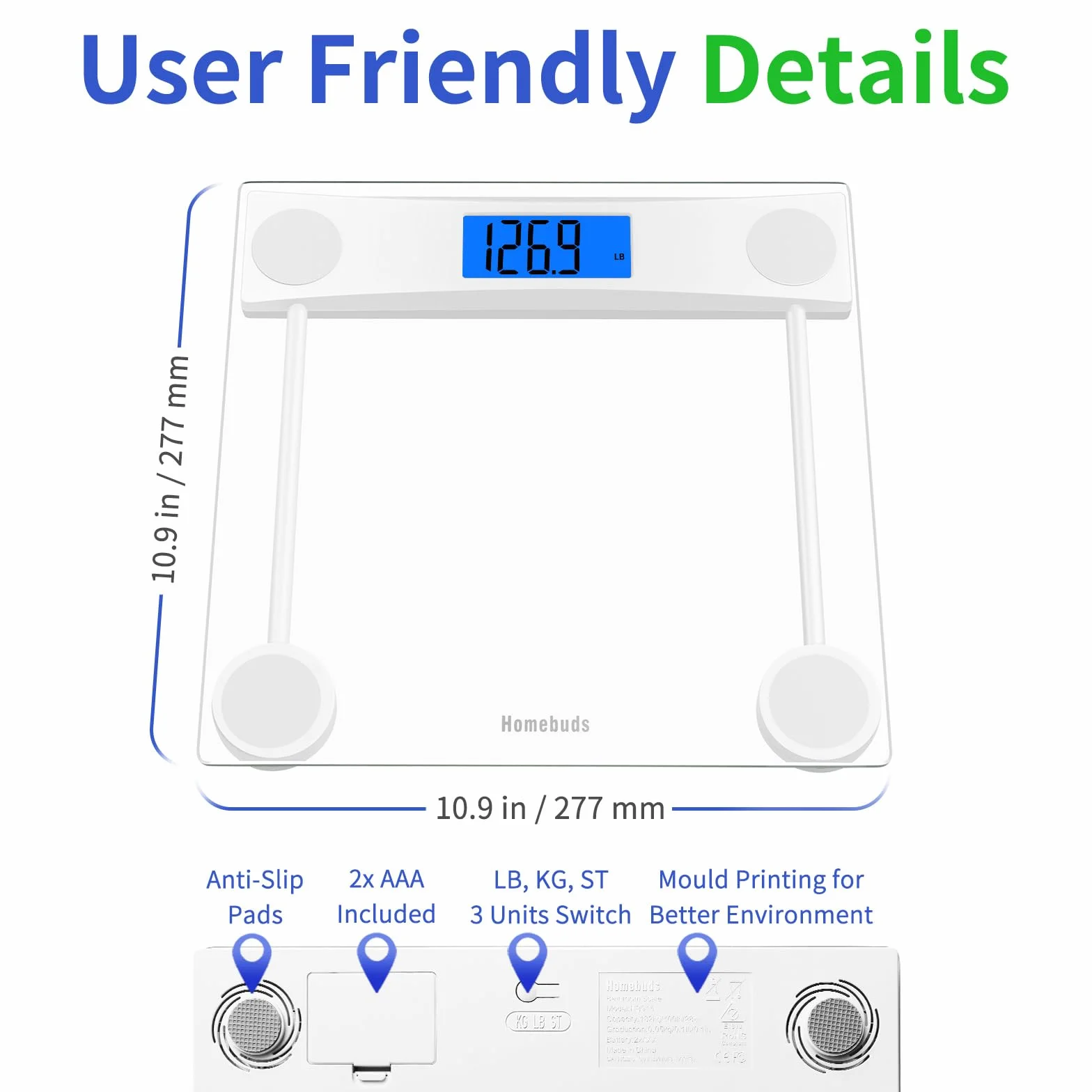 Homebuds Bilancia Pesapersone, Alta Precisione Assicurato dalla fabbrica professionale di Bilancia Pesapersone Digitale dal 2001, LCD retroilluminato blu e Step-On, 2*AAA, 182kg, Vetro Trasparente