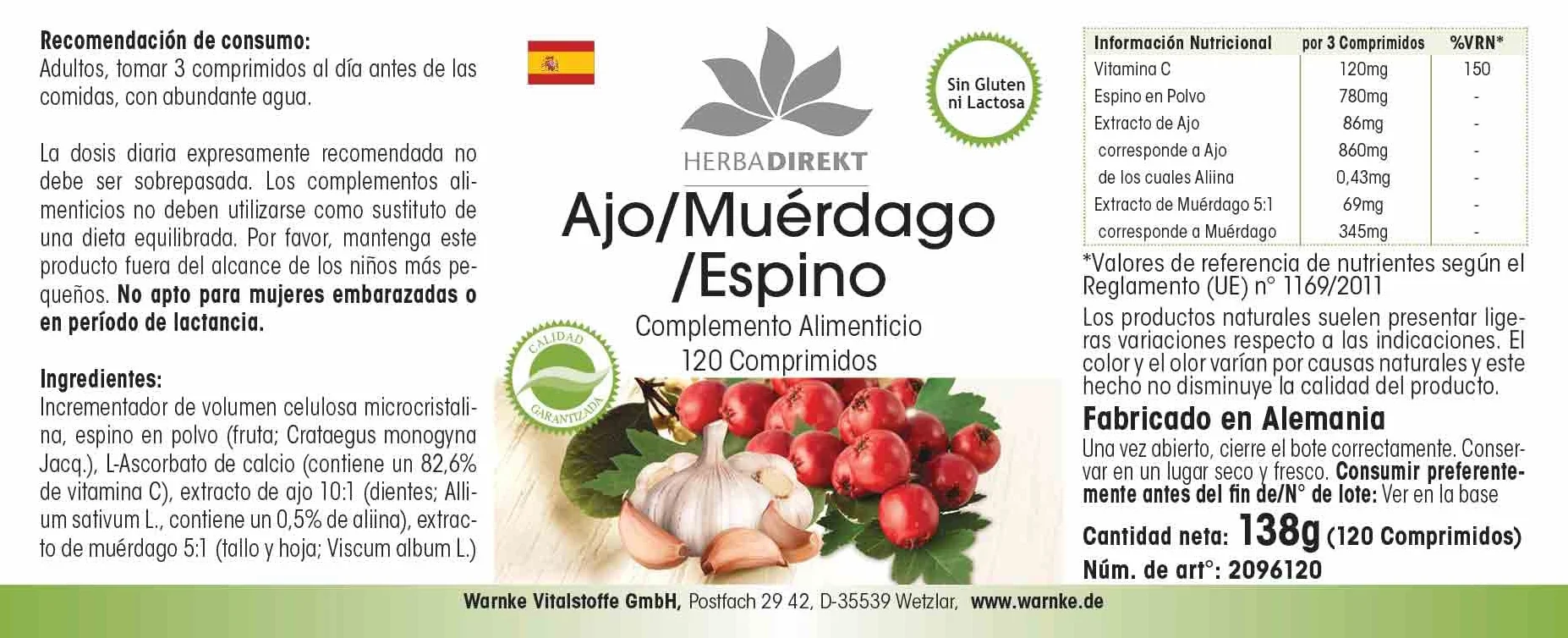 Biancospino vischio d'aglio - 120 compresse con vitamina C, altamente dosato, vegano | HERBADIREKT by Warnke Vitalstoffe - Qualità da farmacia tedesca