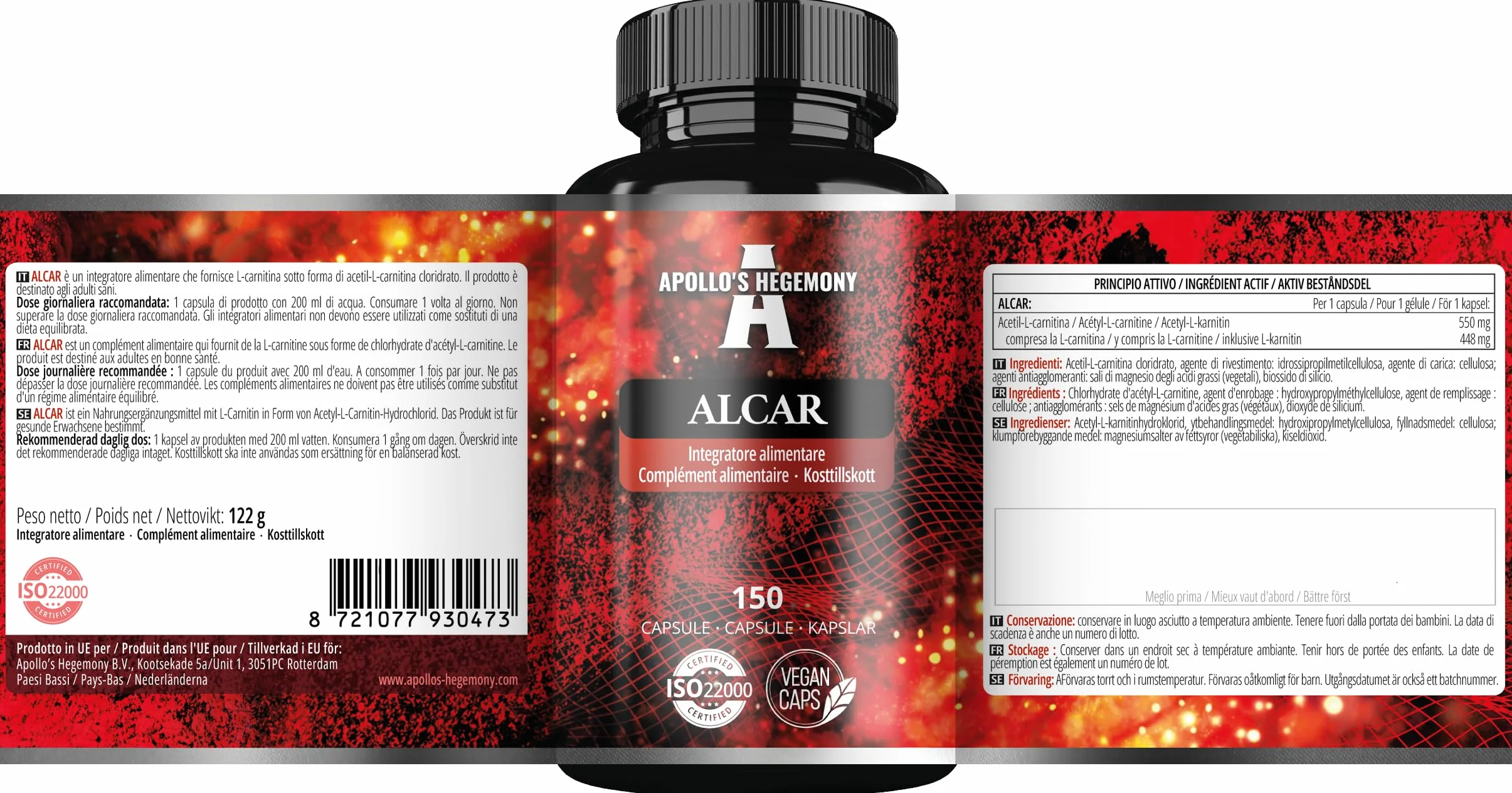 Apollo's Hegemony Acetil L-Carnitina HCL 550 mg ALCAR 150 Capsule Integratore Aminoacidi Supporto Cognitivo Energia