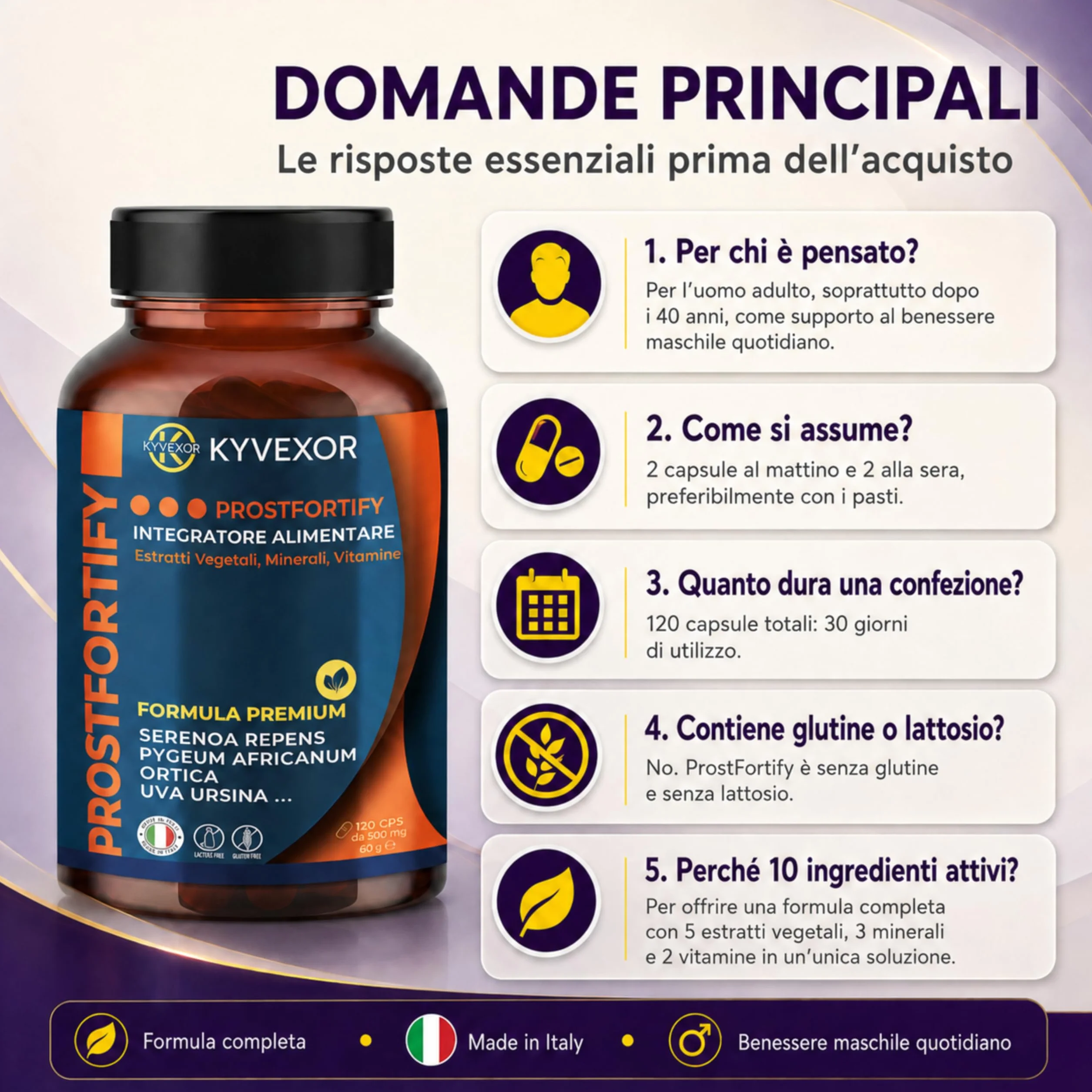 KYVEXOR ProstFortify Integratore Prostata Uomo 10 in 1 Serenoa Repens Saw Palmetto Pygeum Africanum Curcuma Zinco Vitamina C D3 Prostate Support Benessere Prostatico Vie Urinarie
