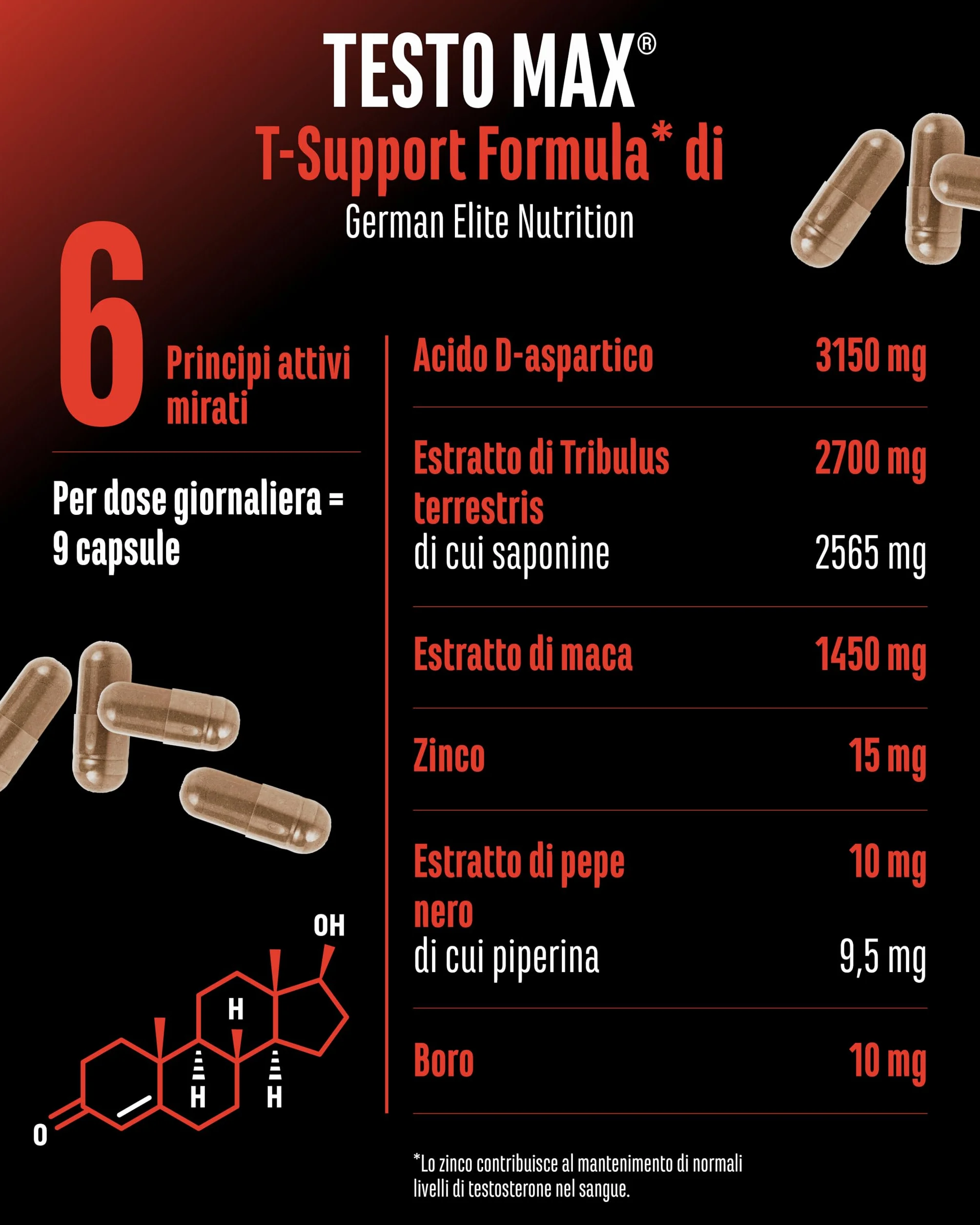Testo MAX® - 270 Capsule - Extra Alto Dosaggio con 7323 mg per Dose Giornaliera - con Acido D-Aspartico - Tribulus - Estratto di Maca - Boro - Zinco - Aminoacidi - Vegano