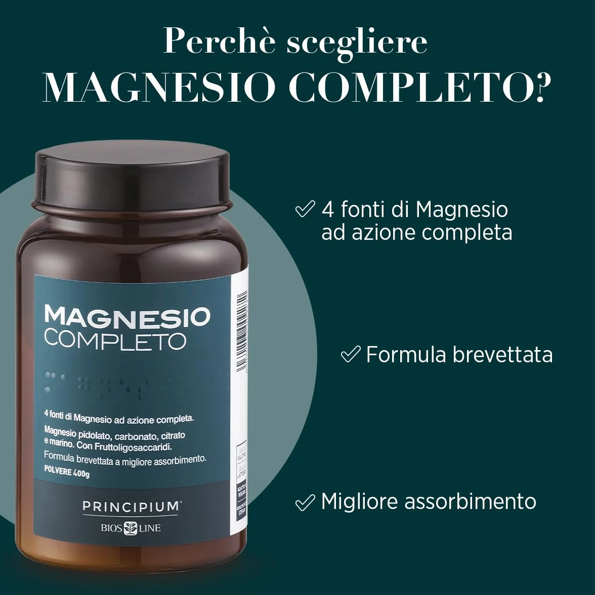 BIOS LINE Principium, Magnesio Completo Brevettato con Miglior Assorbimento, Gusto Agrumi, 4 Fonti di Magnesio ad Azione Completa, Integratore Anti Stress, 400 g Polvere Solubile
