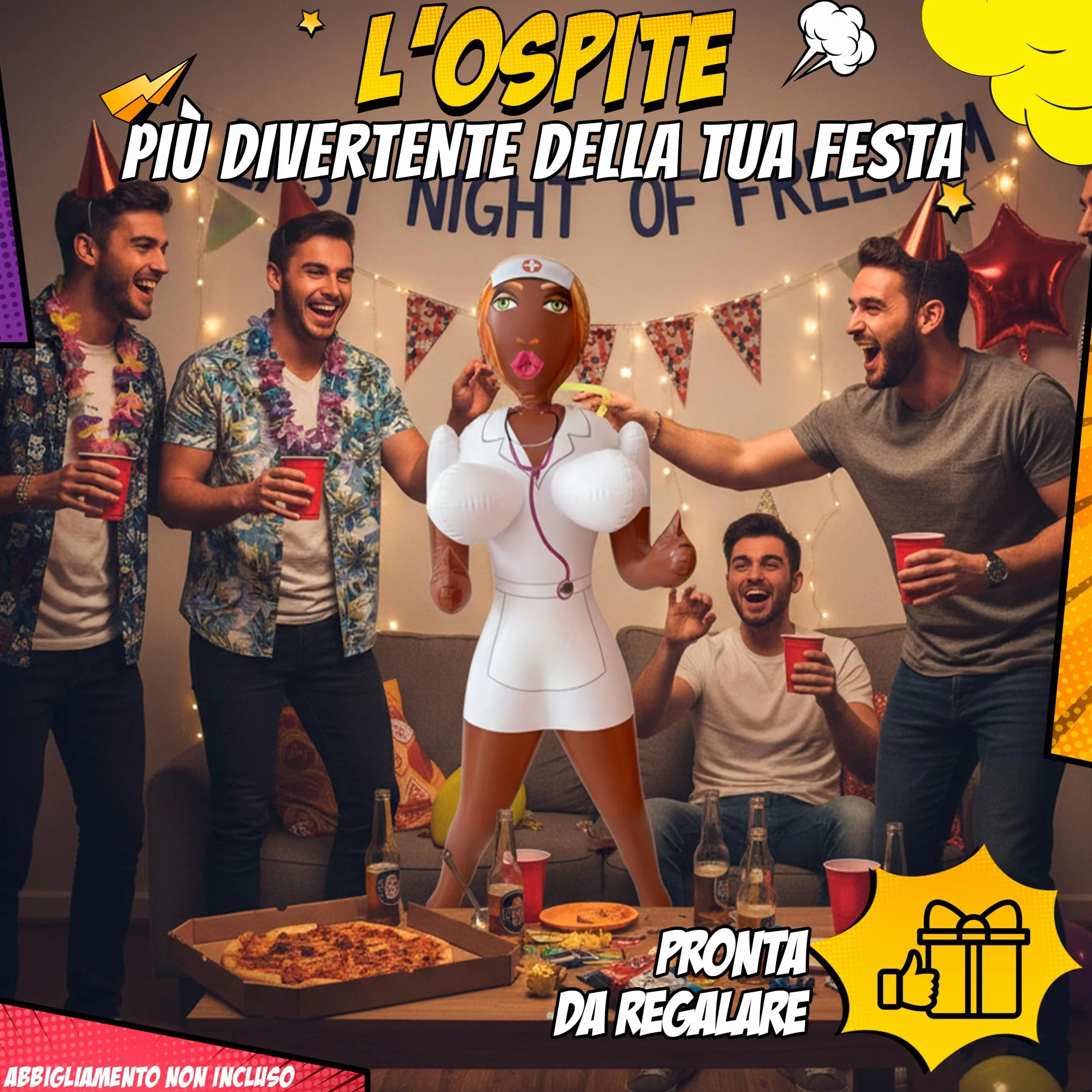 Bambola Gonfiabile Donna con Fascia per Addio al Celibato e Confezione Originale - Altezza 150 cm - Nurse Nikki