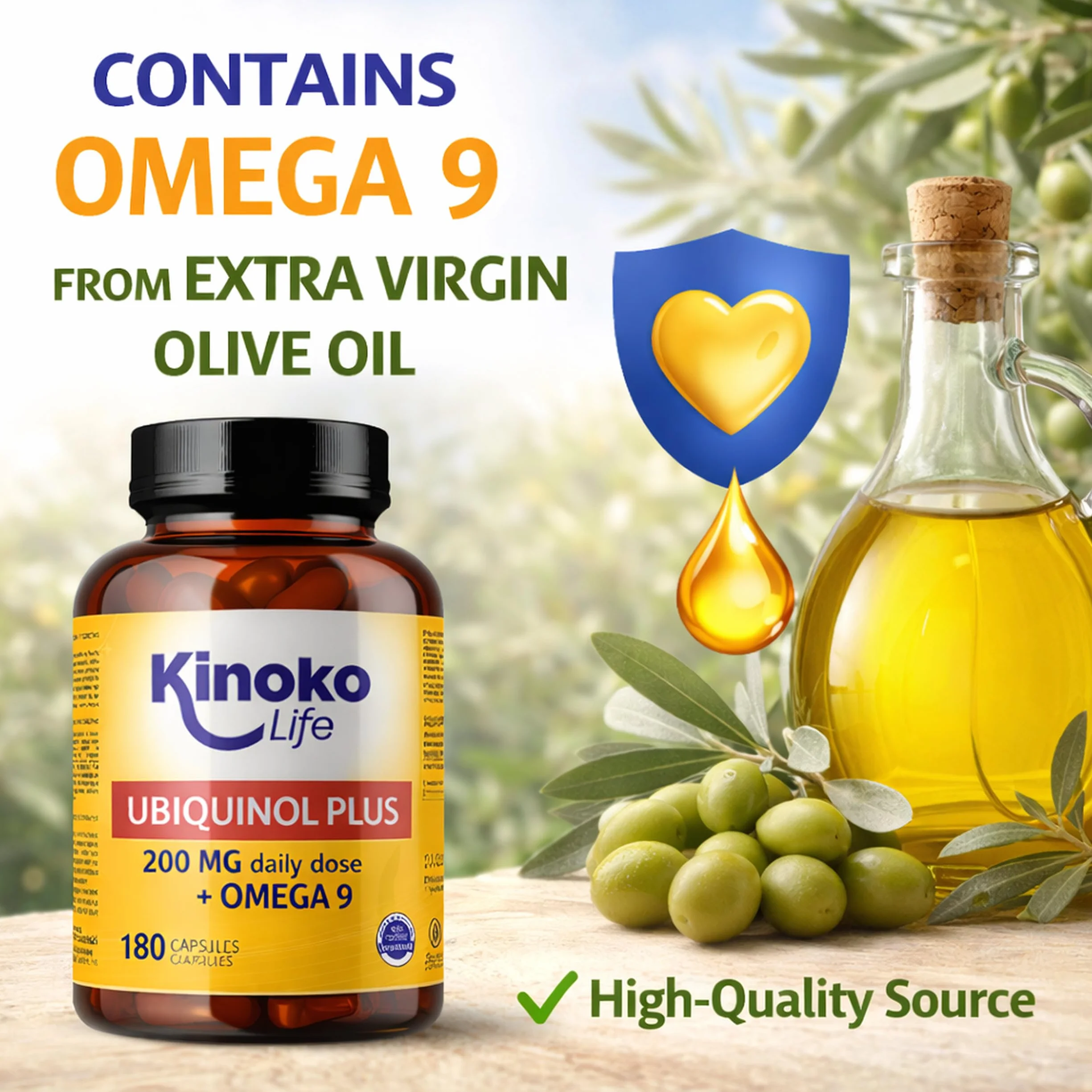 Ubichinolo Coenzima Q10 180 Capsule, Ubiquinol Plus 200 mg Dose Giornaliera, 100 mg per Capsula, CoQ10 Ridotta con Omega 9 e Olio Extravergine di Oliva, Softgels, Kinoko Life