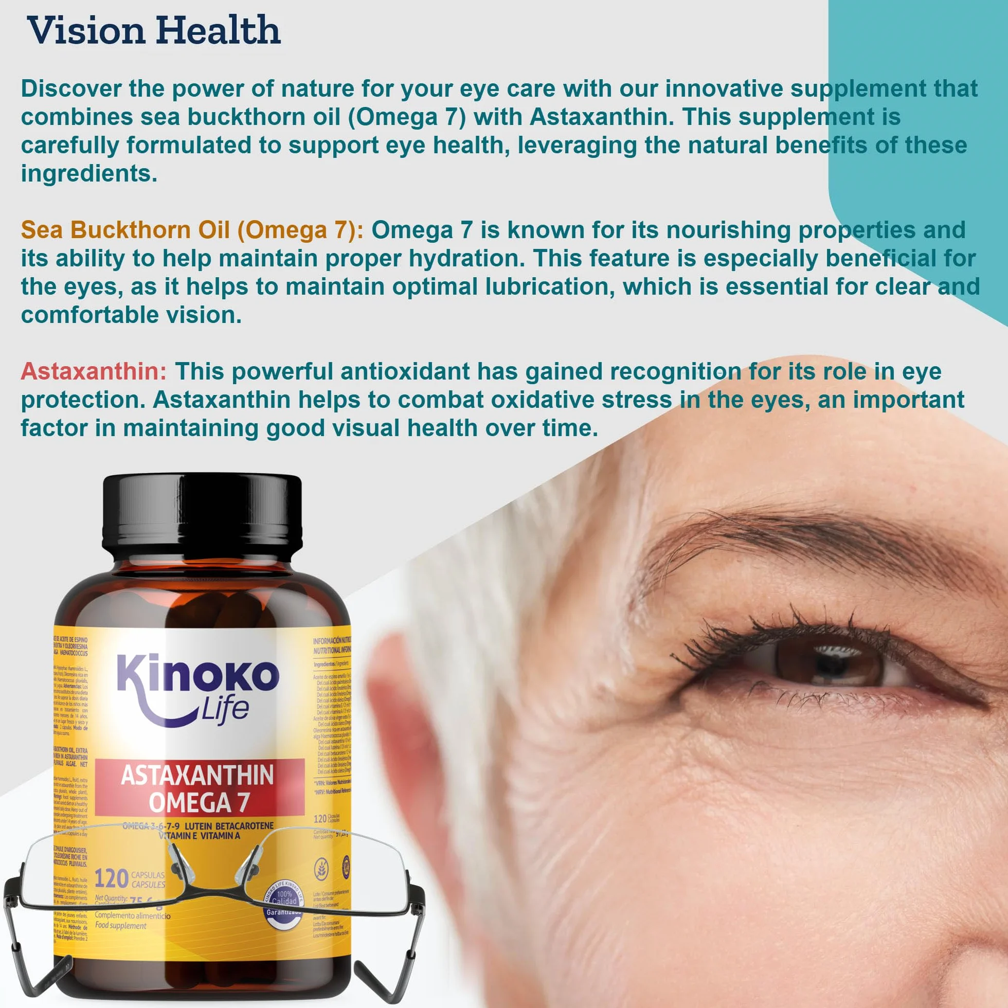 Astaxantina e Omega 7 dall'olio di olivello spinoso - 120 capsule con Omega 3, 6, 7, 9, luteina, betacarotene, vitamine E e A