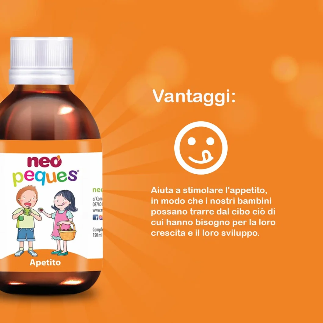 NEO PEQUES Sciroppo per Bambini Appetito 150 ml Stimola Appetito Riduce Stanchezza Estratti Vegetali Oligoelementi Gusto Lampone