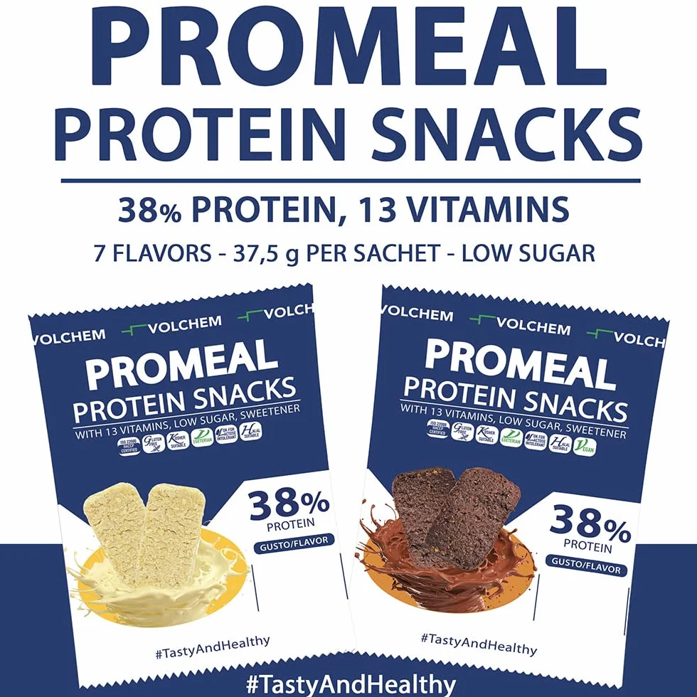 Volchem Promeal Protein Snacks 38, Snack Proteico al 38% di Proteine, con Vitamine, Senza Grassi Idrogenati, Conservanti e con Pochi Zuccheri (Cookie)