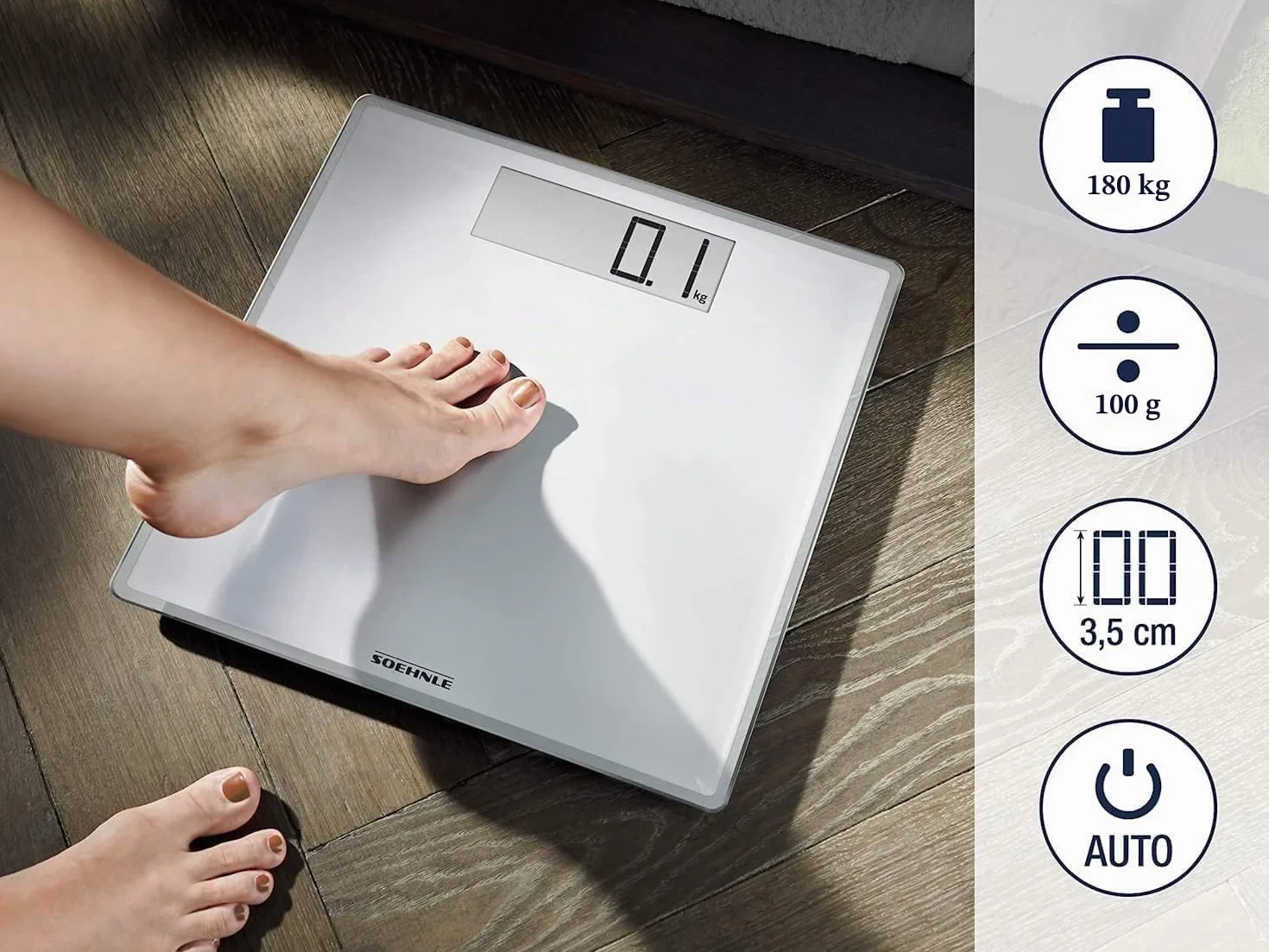 Soehnle Style Sense Comfort 100 Bilancia Pesapersone, LCD, 180kg, Bianca, 35x34.5x3.5 cm