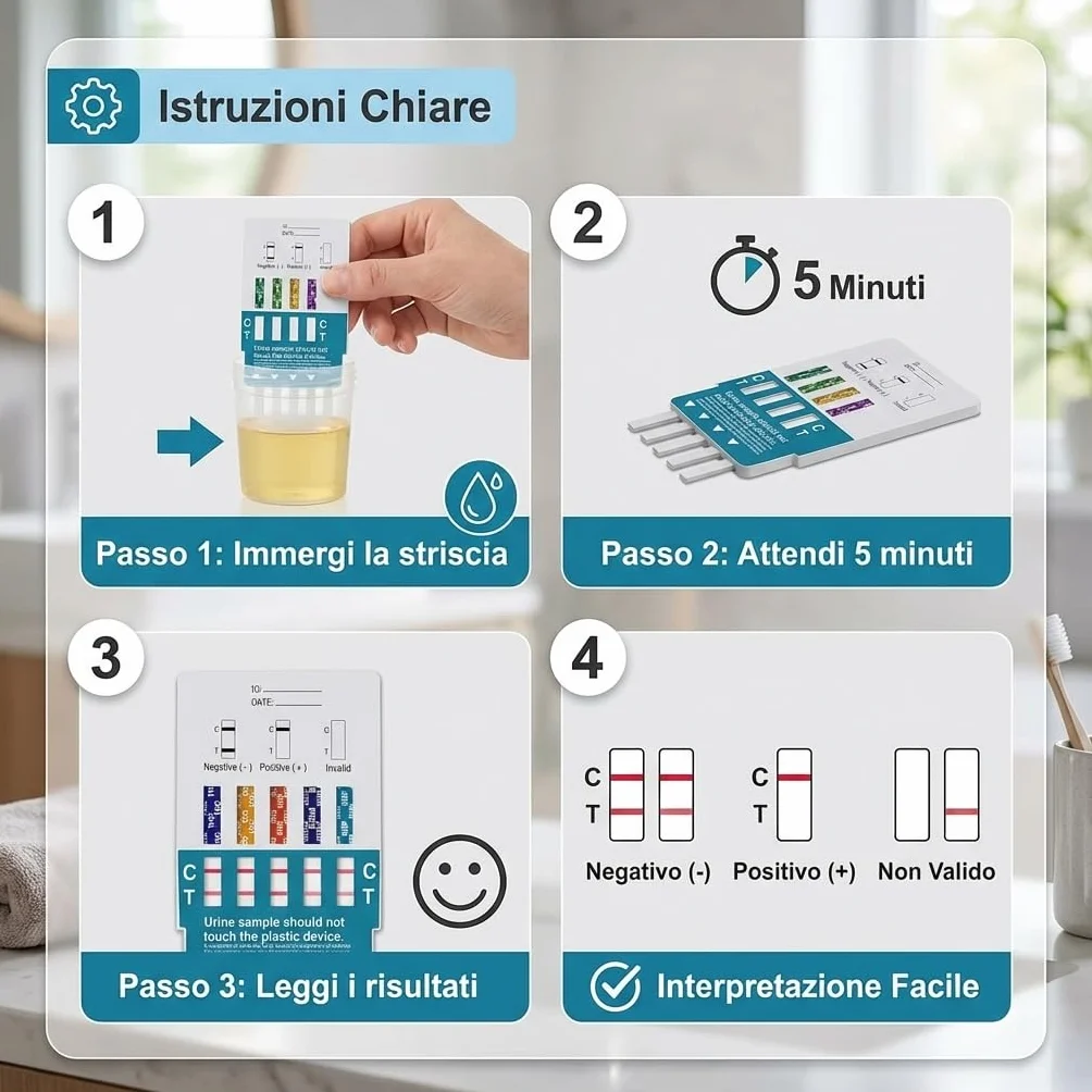 Drug Test 5 Test Antidroga Urine 9 in 1 Cocaina Cannabis Oppiacei Metadone Ecstasy Anfetamine Metanfetamine Crack Eroina Benzodiazepine Buprenorfina