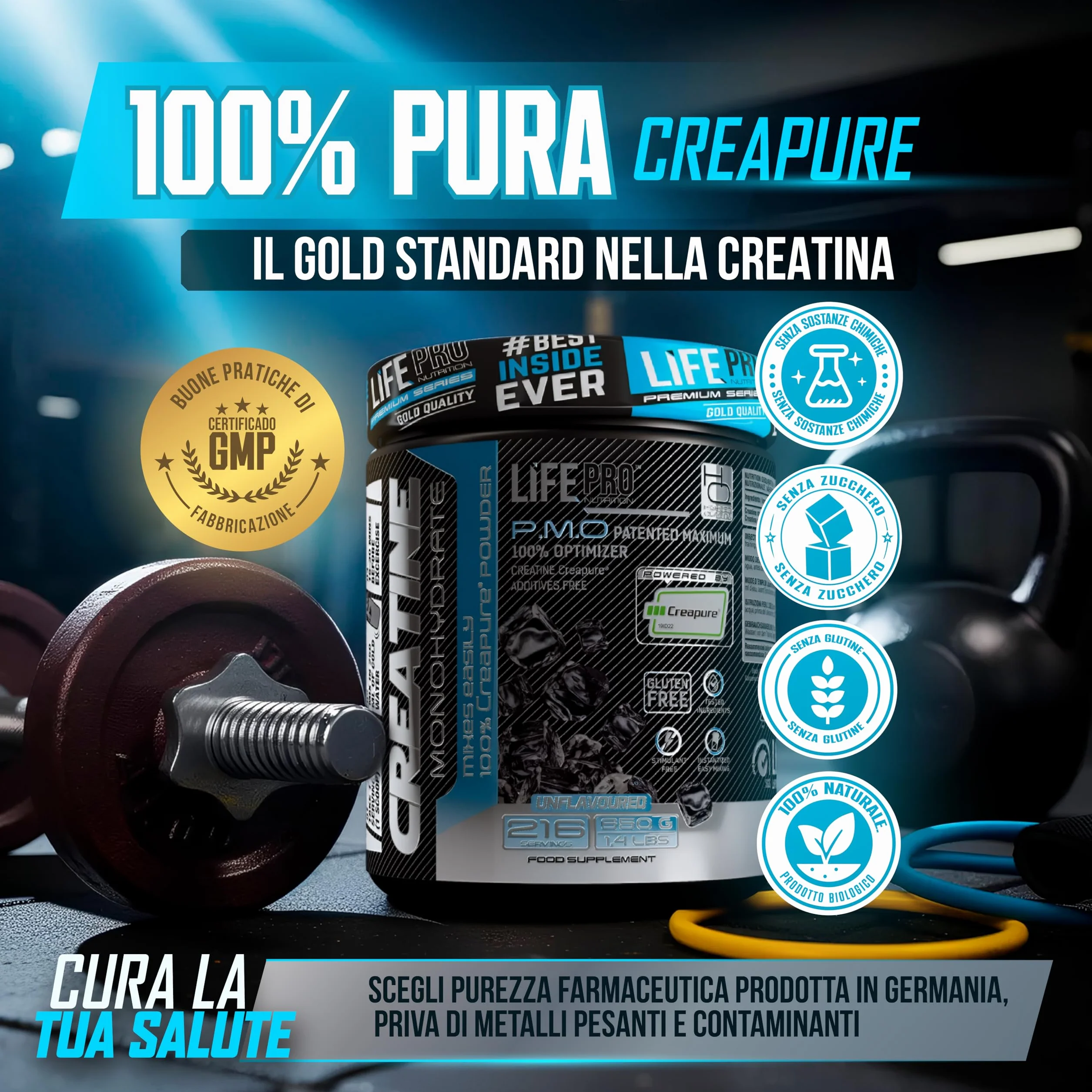 Life Pro Creatina Monoidrata Creapure® 650 G – Creatina Creapure Pura e Micronizzata – Gusto Neutro – Fino a 216 Dosi – Senza Glutine – Supporto alle Prestazioni in Palestra