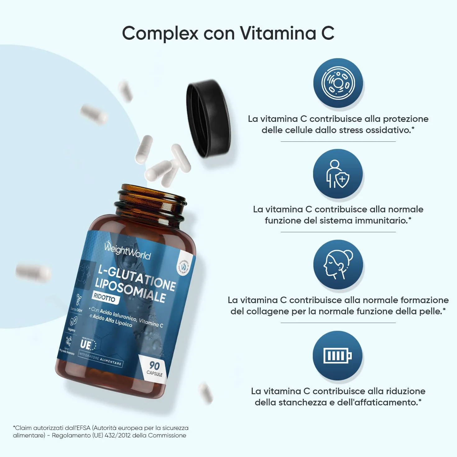 Glutatione Liposomiale Ridotto, 90 Capsule Vegane, Vitamina C, Acido Alfa Lipoico, Acido Ialuronico, La Vitamina C Contribuisce Alla Protezione Delle Cellule Dallo Stress Ossidativo (EFSA), Senza OGM