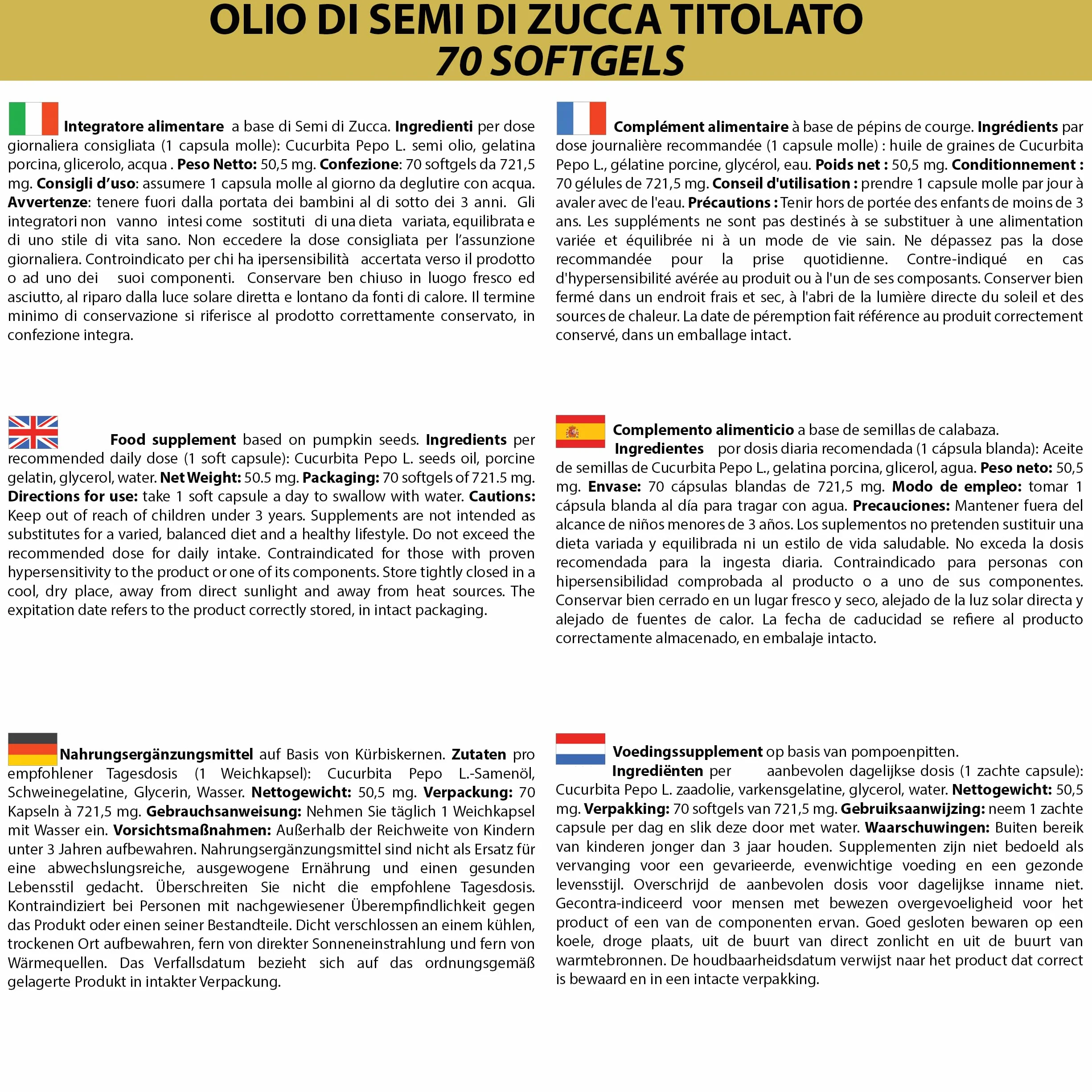 Semi di Zucca 280 Softgels | Olio Spremuto a Freddo con Omega 3, 6, 9, Acido Linoleico e Oleico