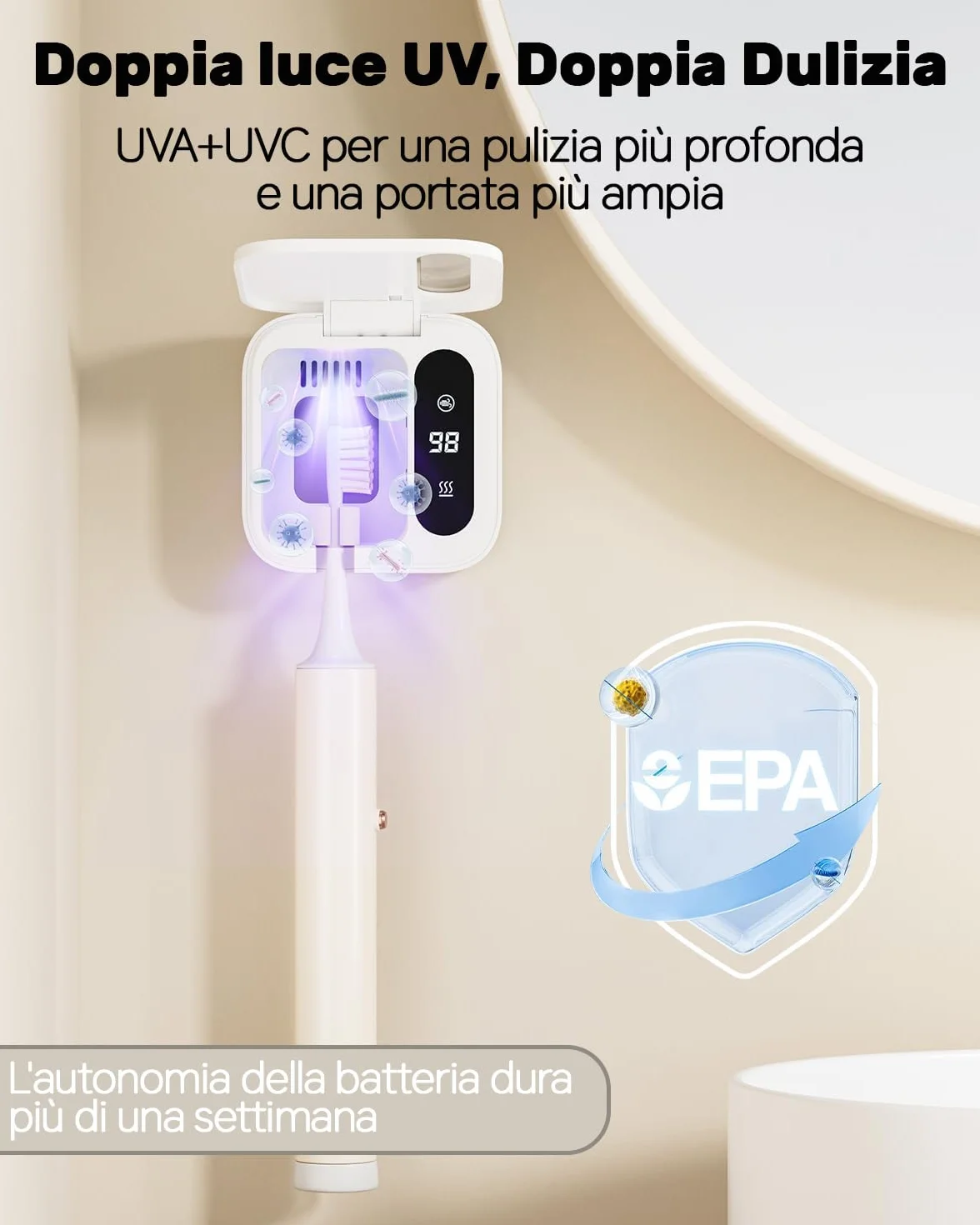 Sterilizzatore per Spazzolini da Denti Doppia UV-C e UV-A, Supporto per Spazzolini da Denti a Parete con Funzione di Asciugatura ad Aria, Ideale per Bagno, Uso Personale e Viaggio (Bianco1)
