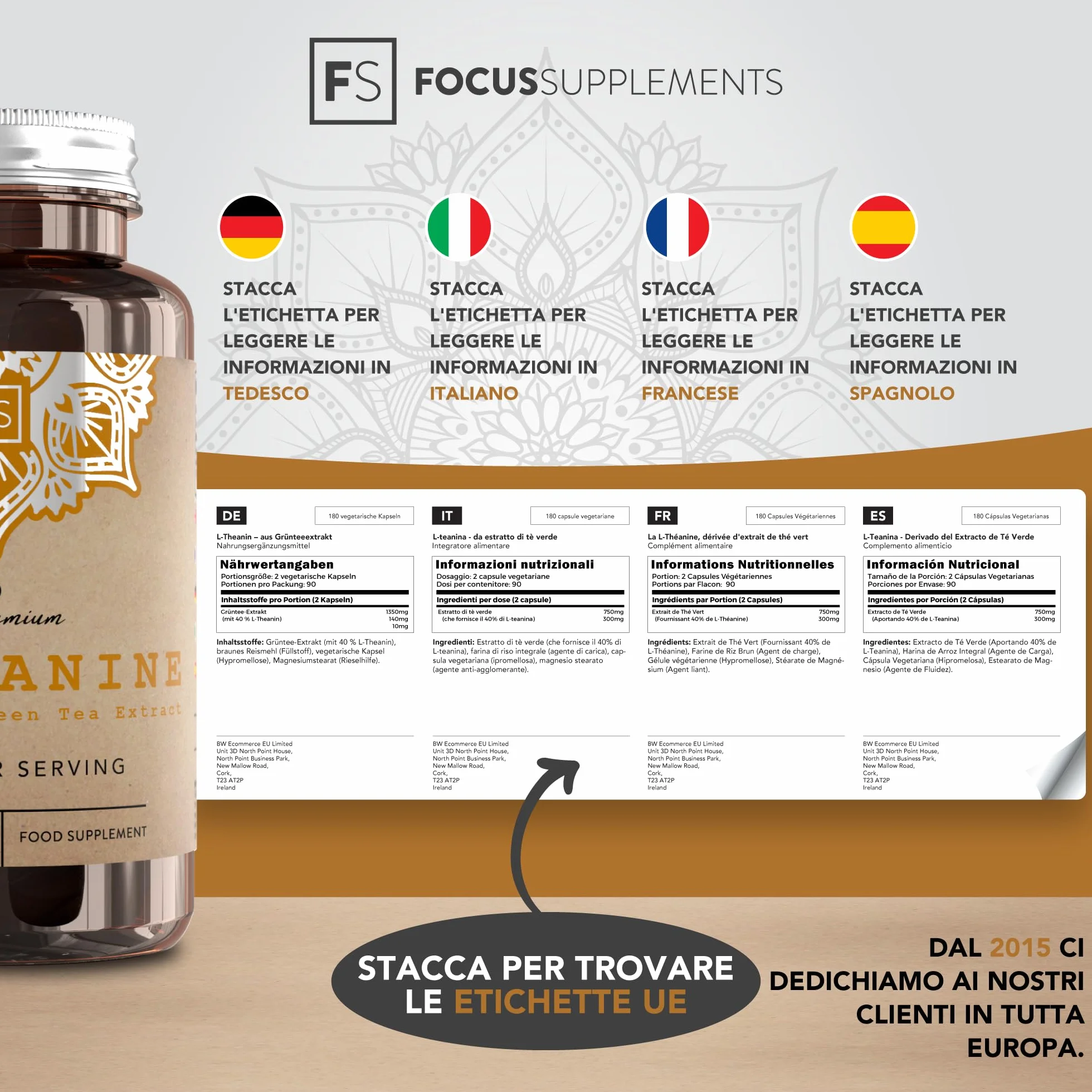 FS Teanina | 180 Capsule di L Teanina da Tè Verde - 300mg di L Theanine per Dose | L-Teanina ad Alta Potenza | Non-OGM, Senza Glutine e Allergeni | Prodotto nel Regno Unito