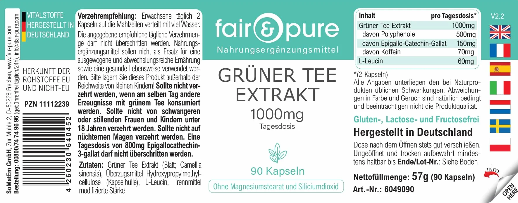 Fair & Pure® - Estratto di tè verde 1000 mg (Camilla sinensis) - 90 capsule - 50% polifenoli (tra cui EGCG) - vegano - senza magnesio stearato