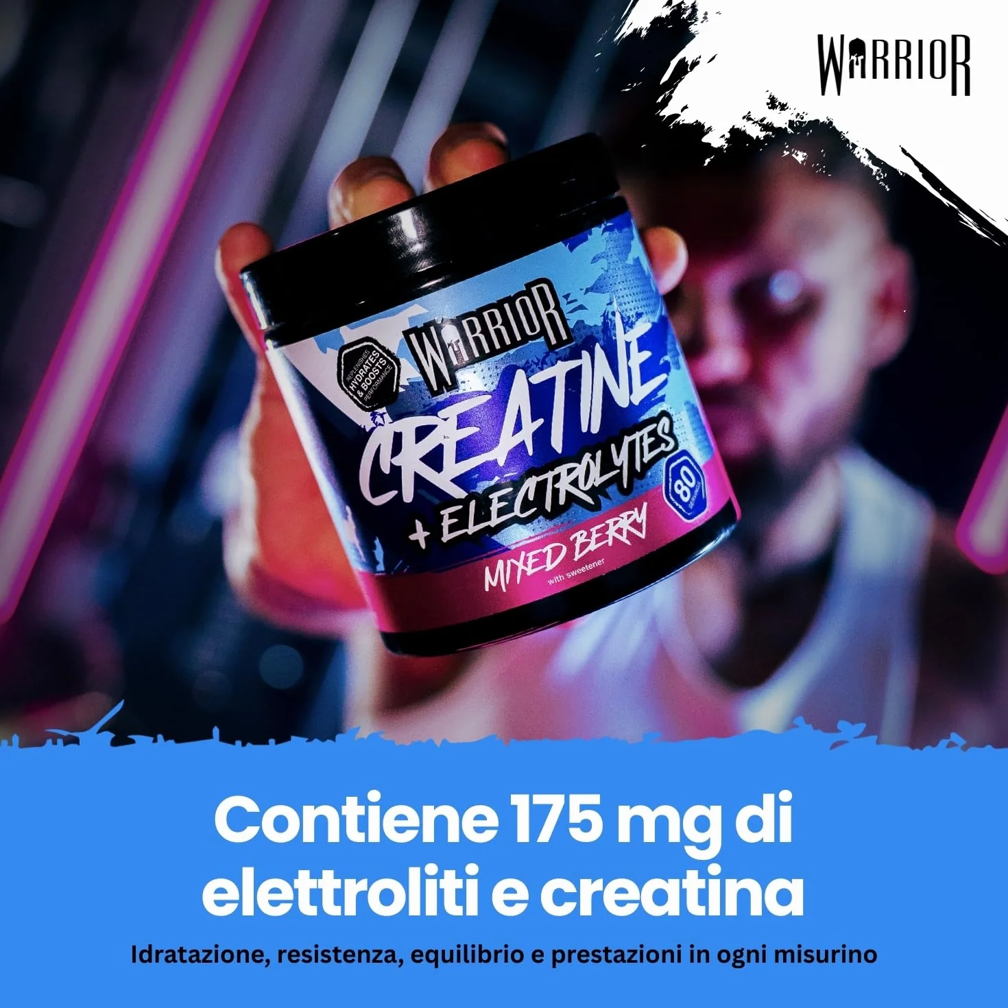 Warrior Creatina Monoidrata + Elettroliti Polvere 360 g, 80 Porzioni – Creatina in Polvere con Sali Minerali, Intra Workout per Massa, Idratazione e Sport, Senza Zucchero – Mix di Frutti di Bosco