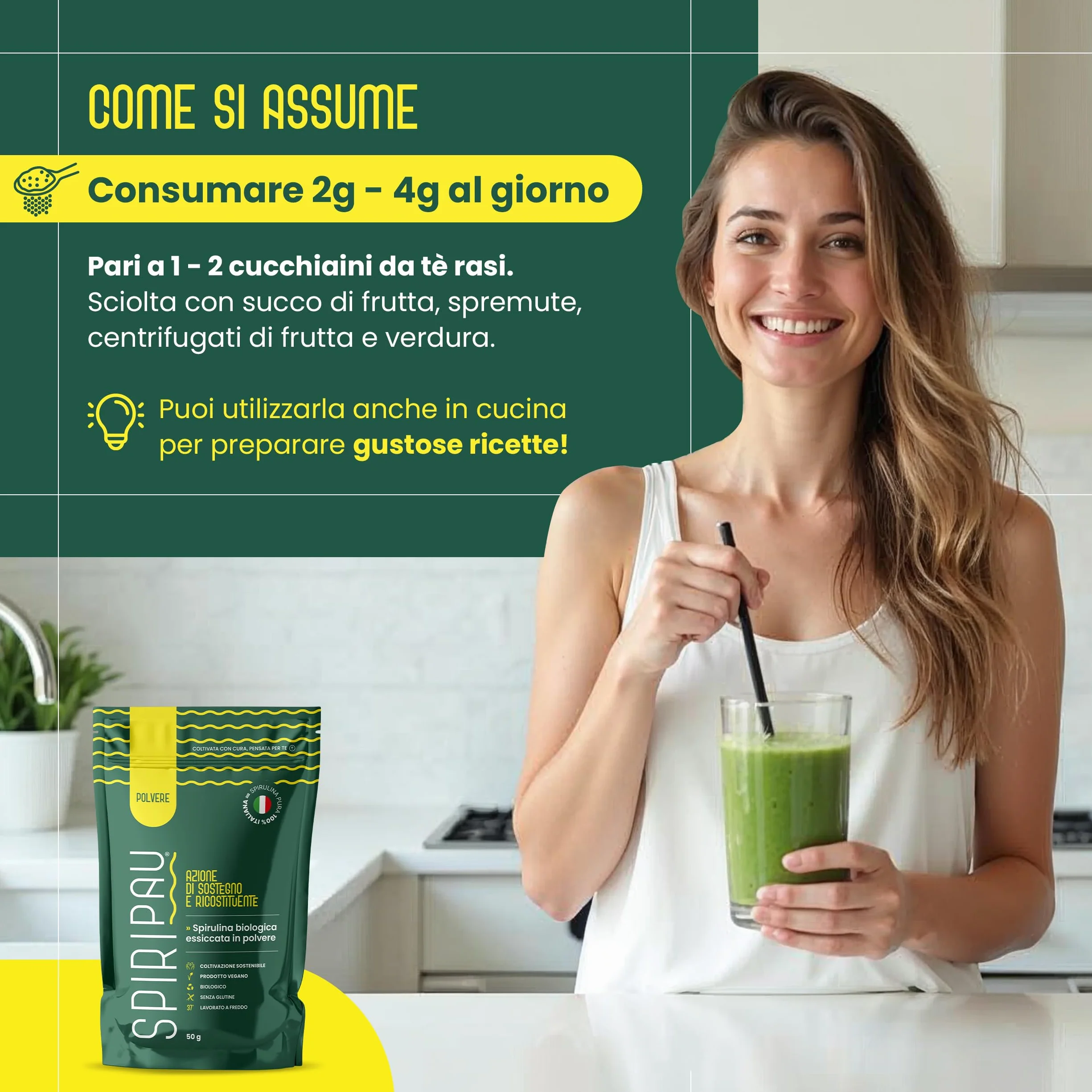 Spiripau Spirulina Bio Italiana in Polvere 50g - Superfood Naturale 100% Made in Italy Vegano