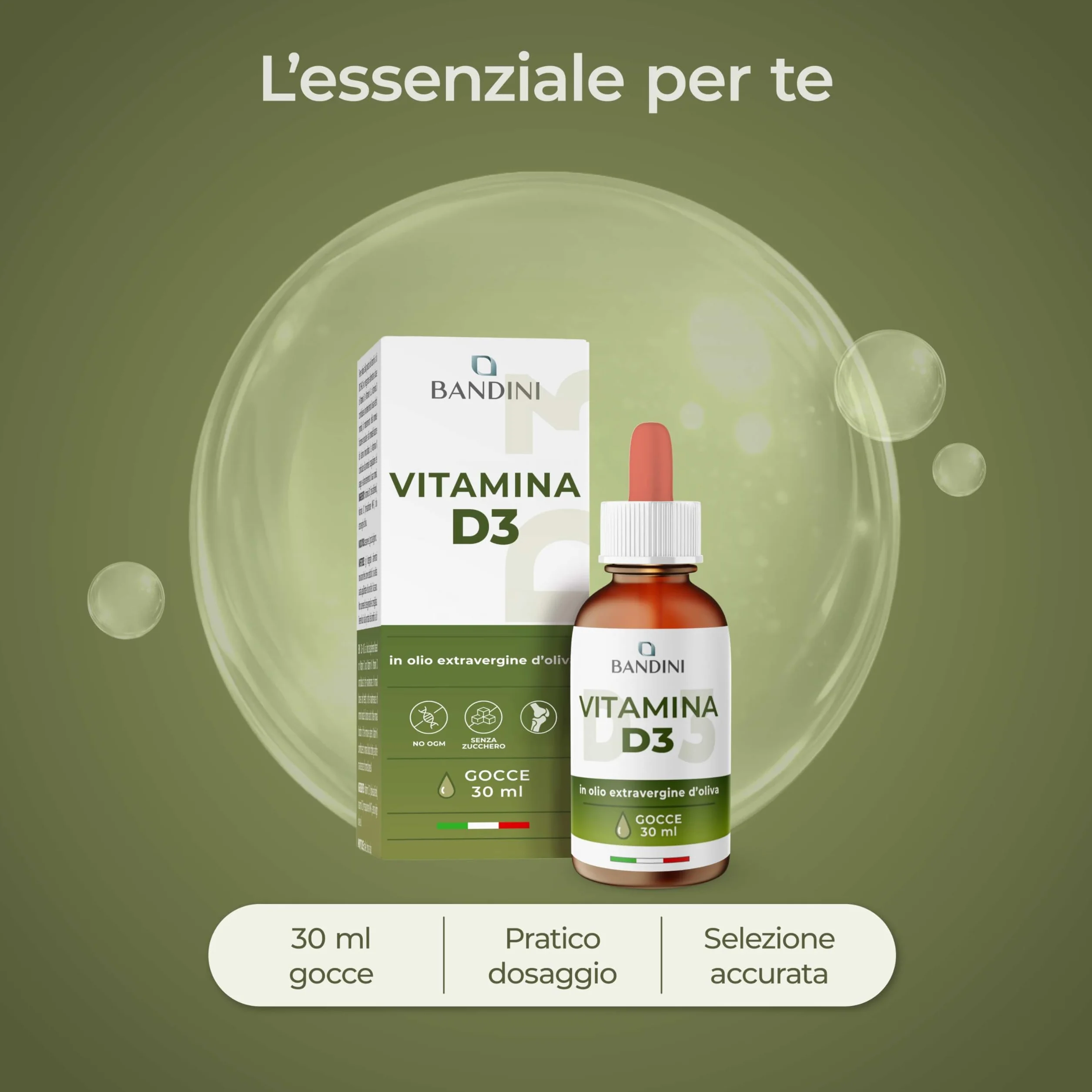 Bandini® Vitamina D3 | 2000 UI per Goccia | Integratore in Olio Extravergine di Oliva | 30ml con Contagocce | Supporto per Ossa, Denti e Sistema Immunitario | Alta Biodisponibilità | Facile Assunzione