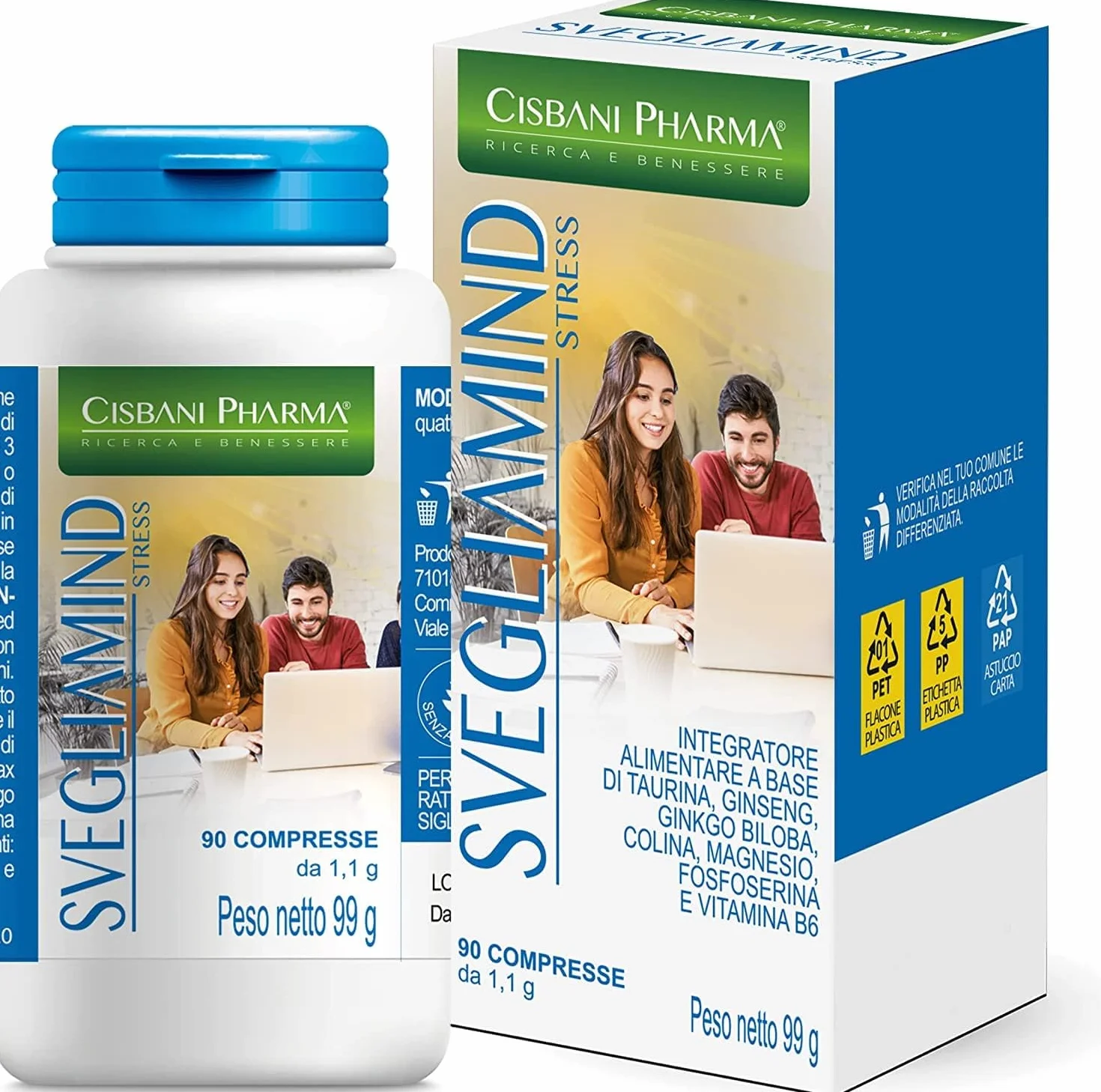 CISBANI PHARMA SVEGLIAMIND, Integratore Nootropico per Concentrazione e Memoria - 90 compresse con Ginkgo Biloba, Fosforo, Magnesio, Taurina, Ginseng, Vitamina b6 e Colina, Riduce la stanchezza