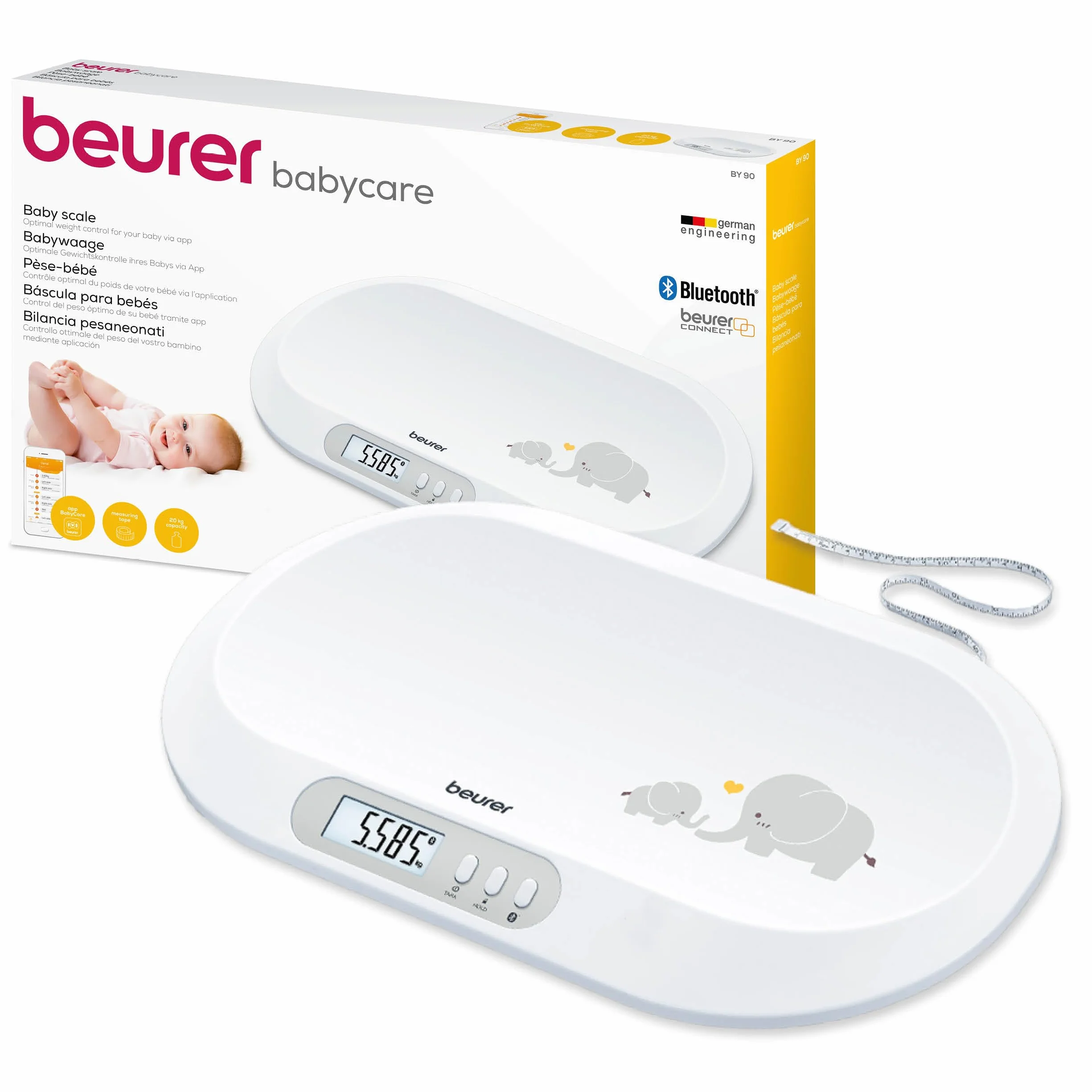 Beurer BY 90 Bilancia Pesaneonati Digitale Bluetooth BabyCare, Portata 20 kg, Metro Integrato, Tara, Fermo-Pesata, Display LCD, 10 Memorie