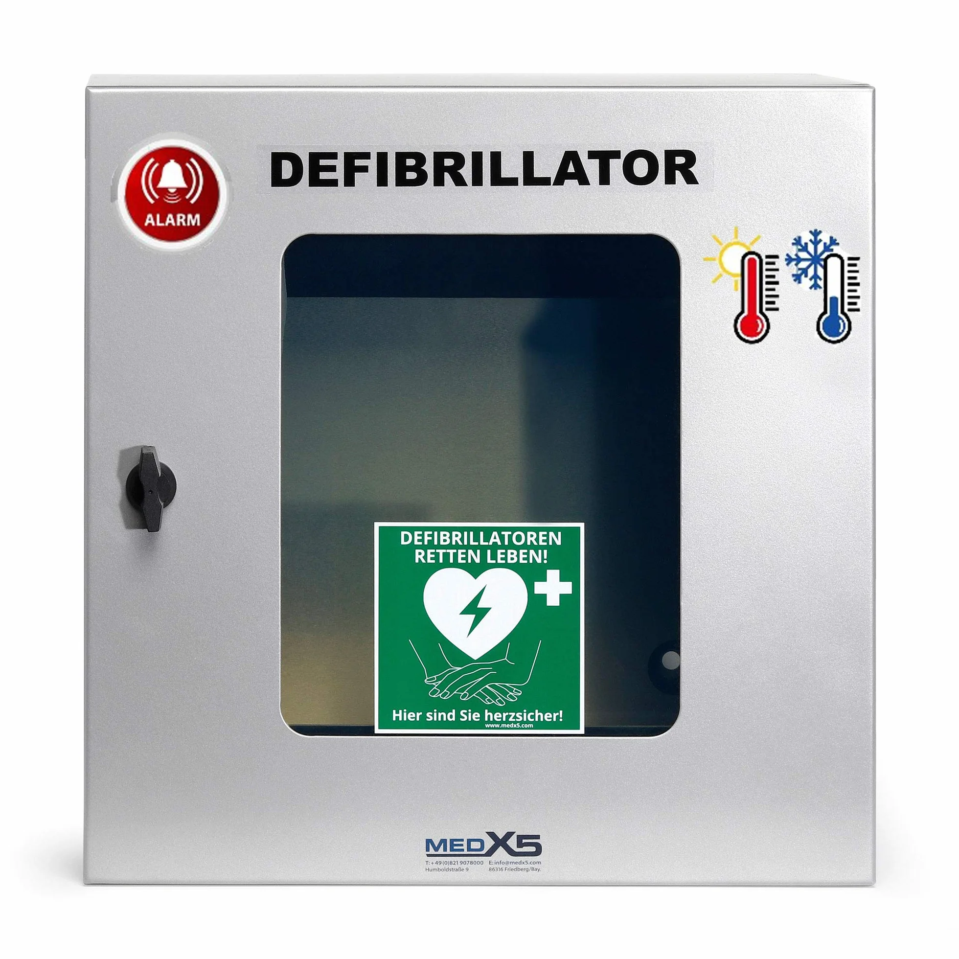 Armadietto per Defibrillatore MedX5 IP55 Esterno pensile riscaldamento allarme illuminazione ventilazione Made in Germany