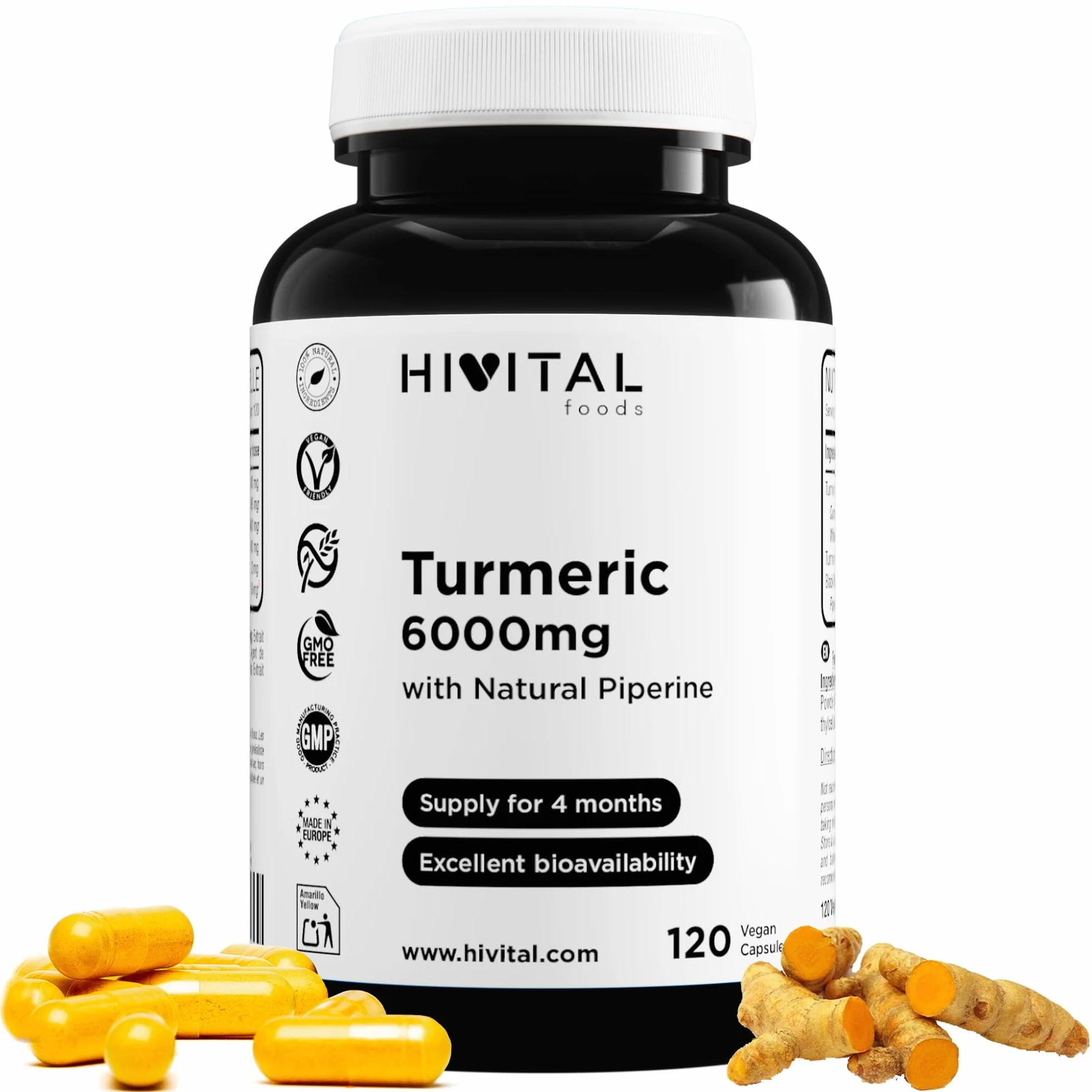 Curcuma 6000 mg 120 capsule vegane Estratto concentrato 95% Curcumina 285 mg Pepe Nero HIVITAL