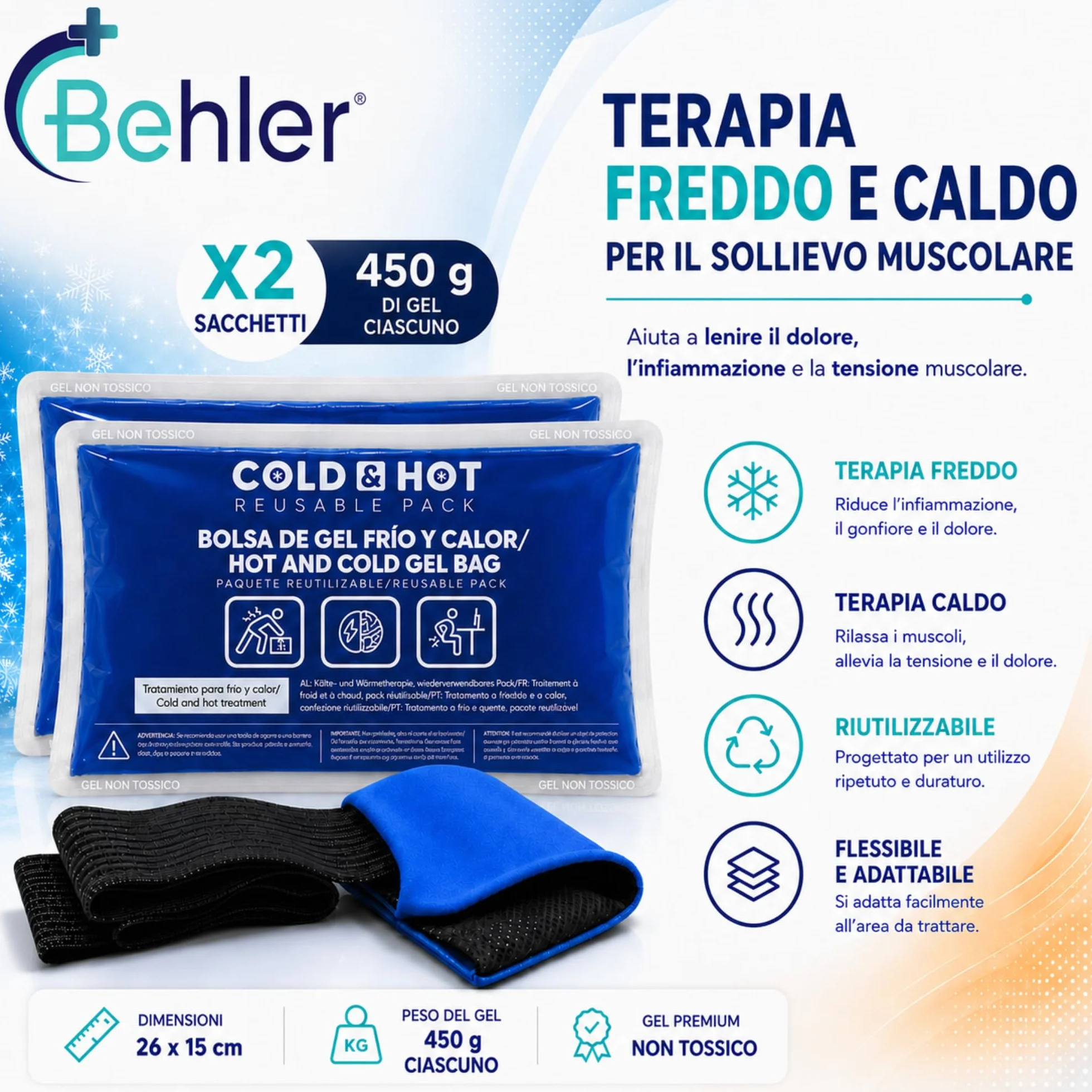 Ghiaccio Gel Riutilizzabile (26x15 cm) Compressa Fredda Calda con Copertura Multiposizione e Fascia di Compressione per Terapie Caldo/Freddo