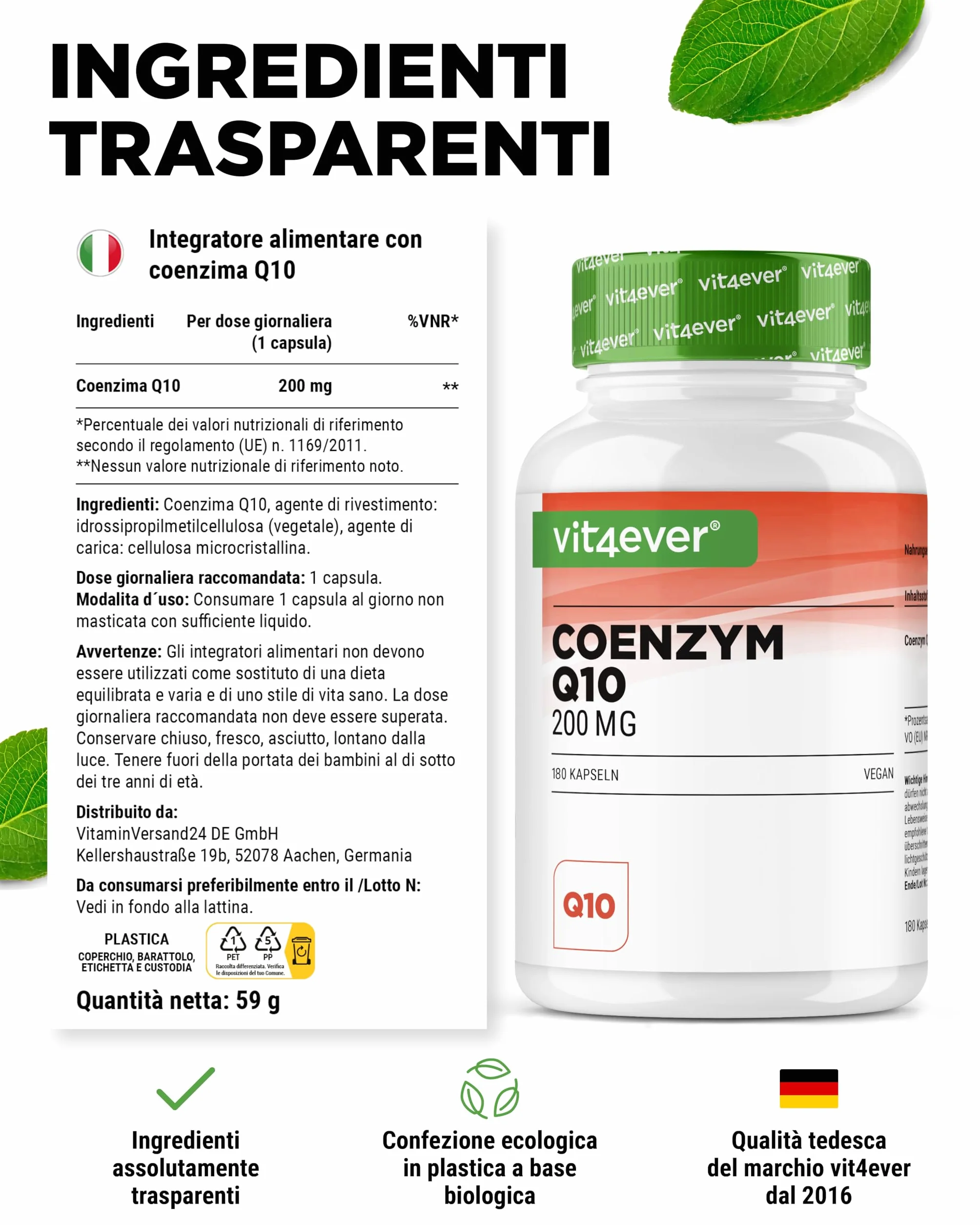 Coenzima Q10 con 200 mg per capsula - 180 capsule vegane - scorta per 6 mesi - Q10 di alta qualità - alto dosaggio, senza additivi inutili