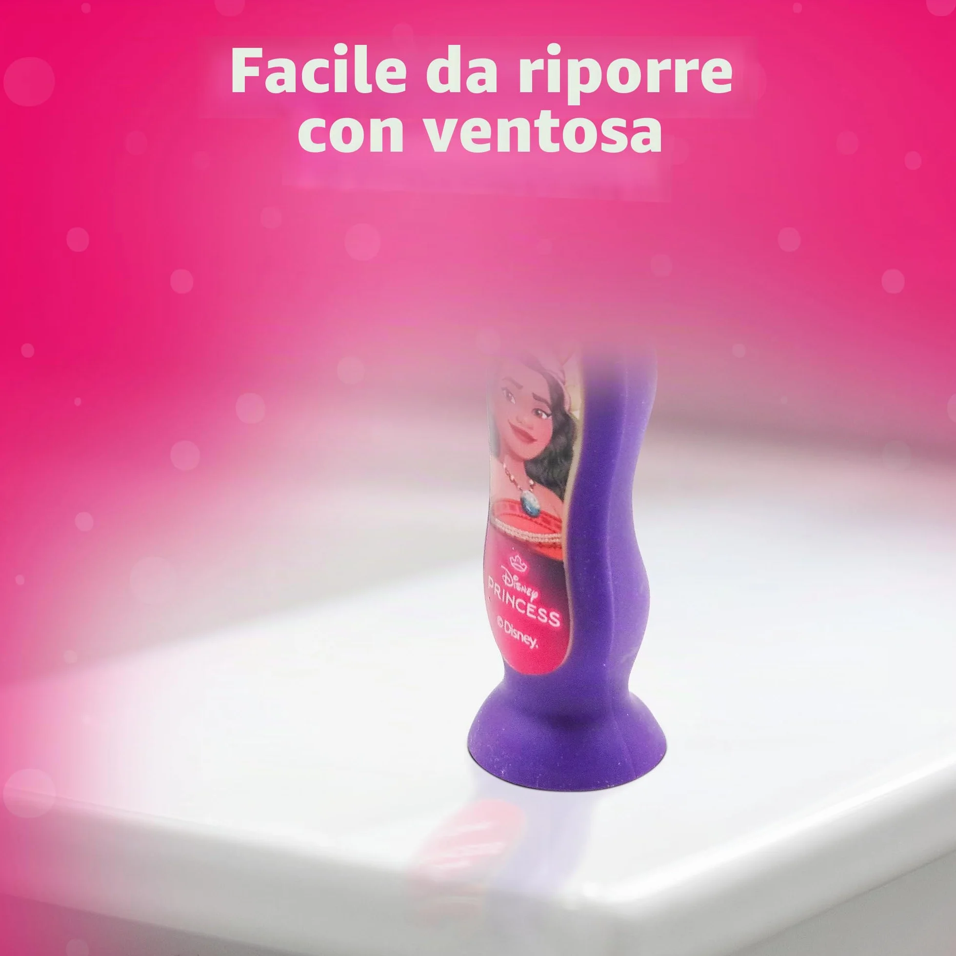 Spazzolino da denti Princess con tappo di protezione, ventosa, manico comodo e setole morbide per bambini