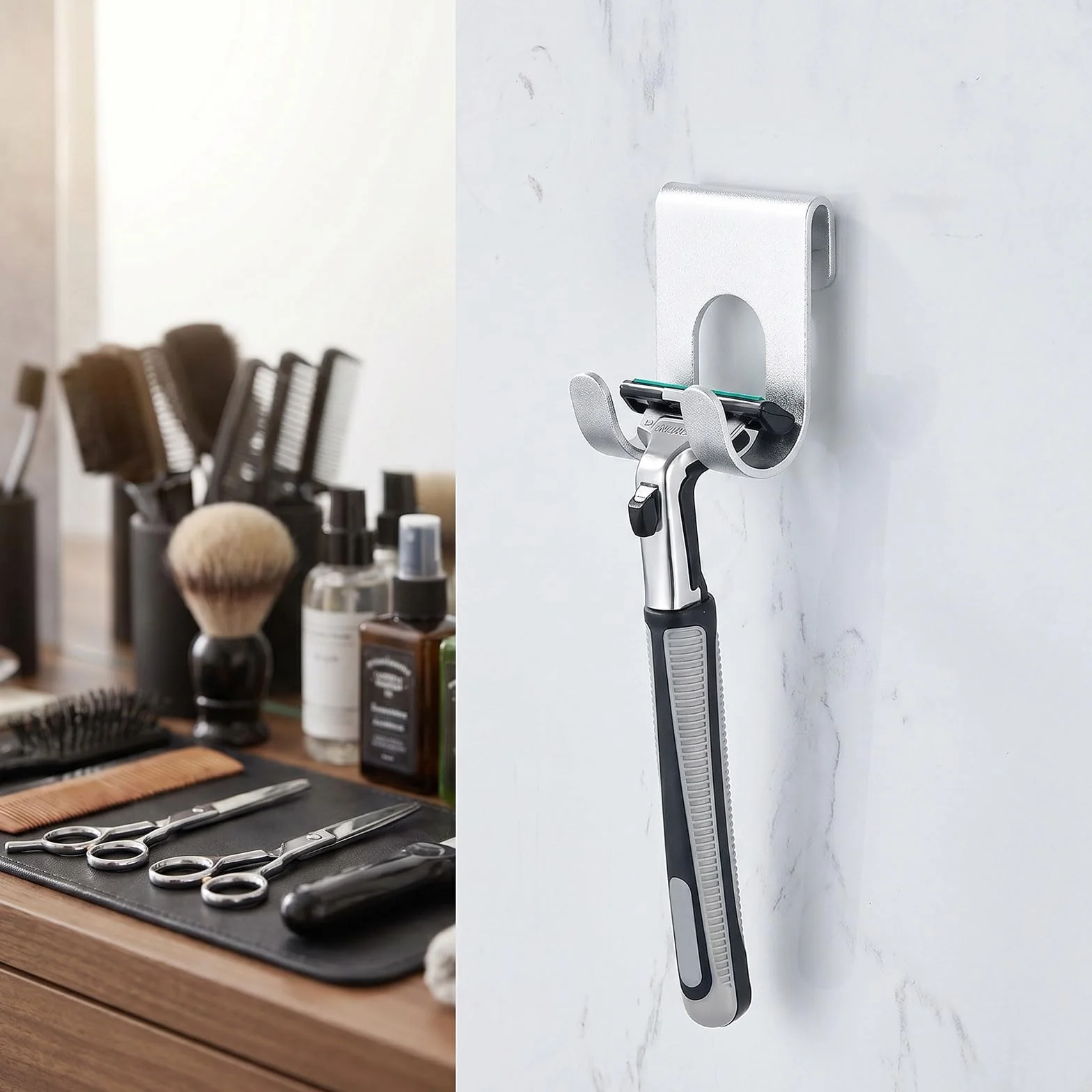 Supporto per rasoio da doccia, supporto per rasoio, supporto per doccia, supporto per rasoio, autoadesivo, senza foratura, presa forte, in alluminio, set da 4 pezzi, per bagno e cucina