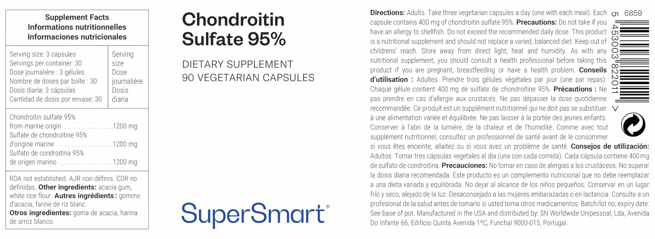 Condroitin solfato 95% - Aiuta ad alleviare i dolori articolari - Cura le articolazioni, le ossa e i muscoli - Purezza eccezionale (95%) - Senza OGM - SuperSmart
