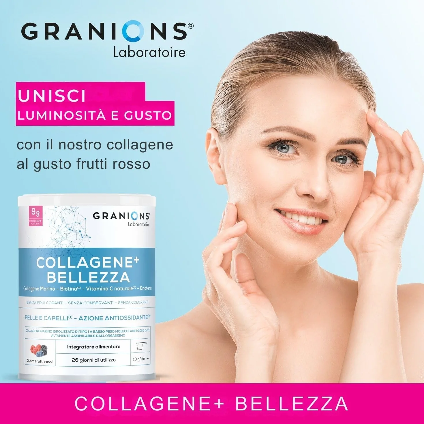 GRANIONS Collagene+ Bellezza in Polvere 260 g | 9 g Collagene Marino Tipo I | Acido Ialuronico + Biotina + Vitamina C + Enotera | Aroma Frutti Rossi | 26 Giorni