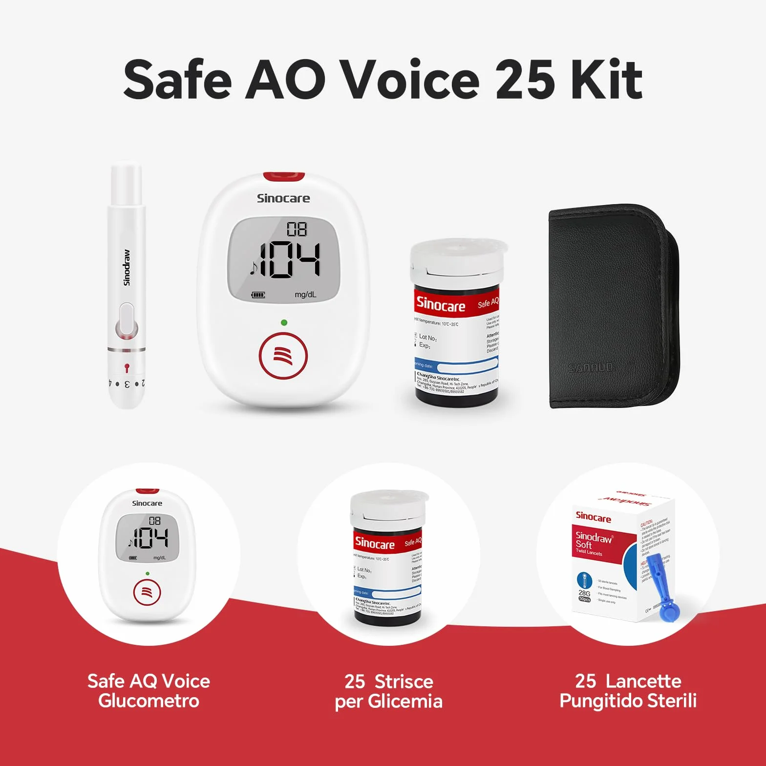 Sinocare Safa AQ Voice Misuratore Glicemia Glucometro, 25 Strisce e 25 Lancette