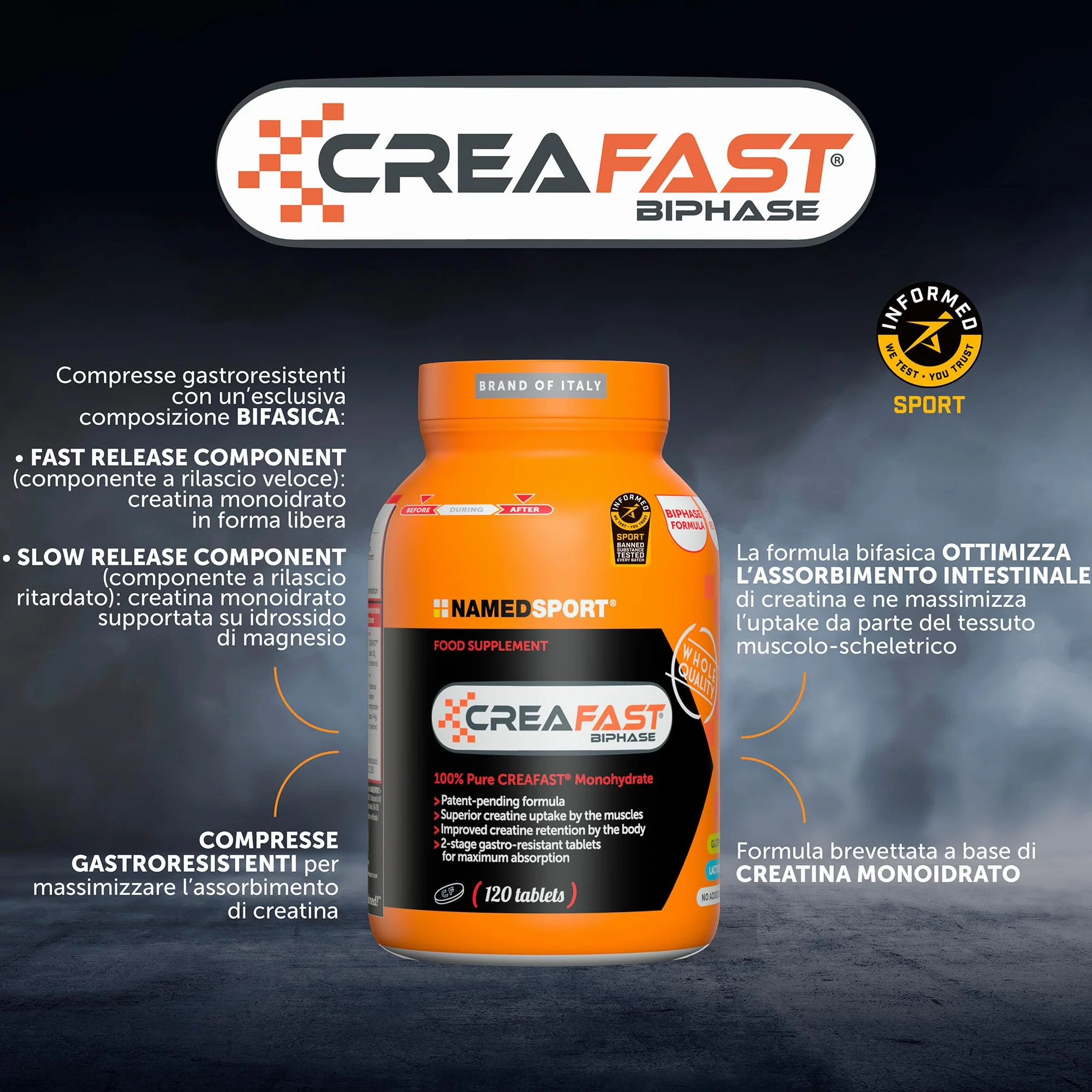 NAMEDSPORT Creafast 120 Compresse | Creatina Monoidrato per Performance e Recupero Muscolare | Integratore per Sportivi, Fitness e Bodybuilding | Pre e Post Workout