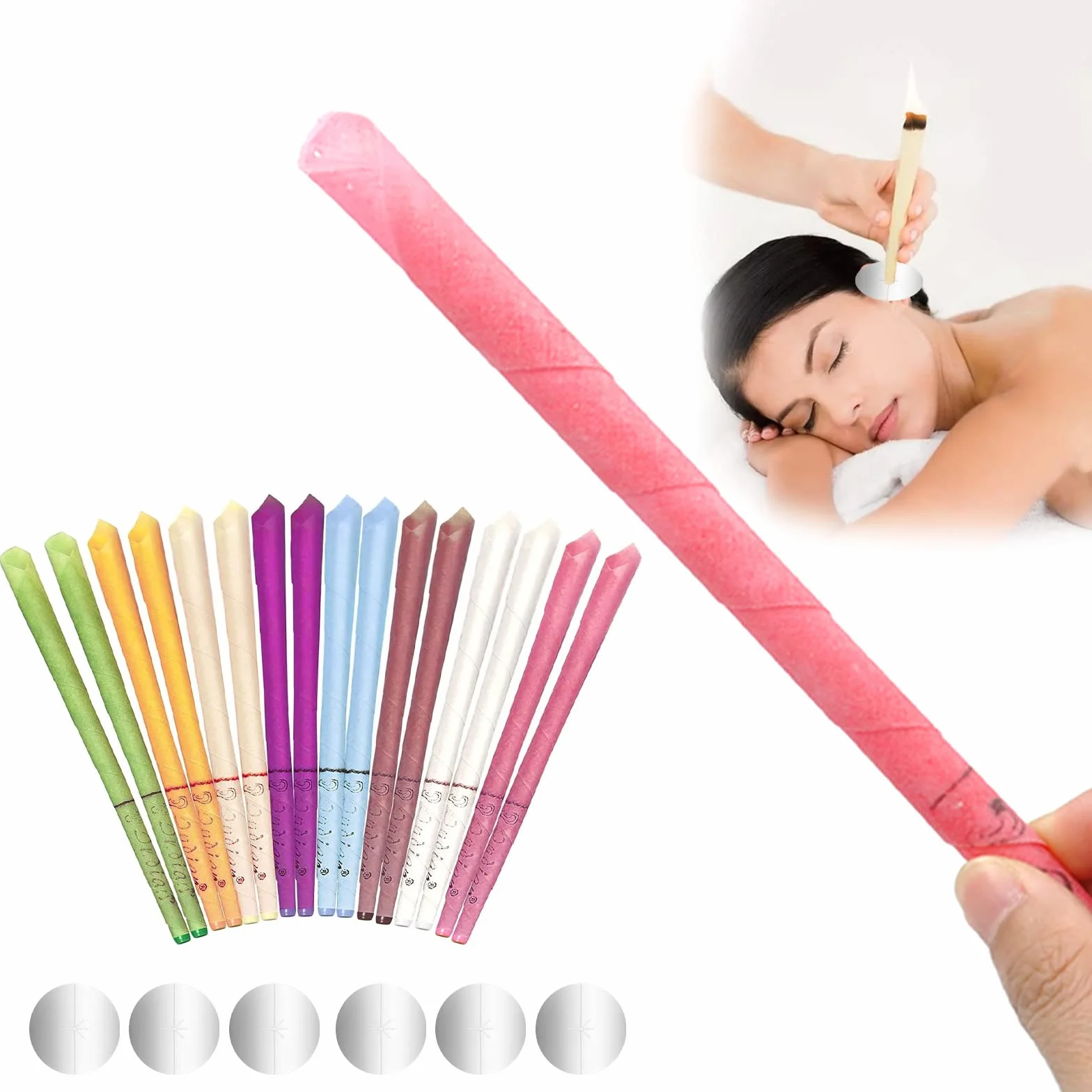 16 candele naturali per orecchio, cera d'api, rimozione del cerume con 6 dischi protettivi, 8 colori corrispondenti a 8 fragranze, adatte per l'aromaterapia dell'orecchio (16)