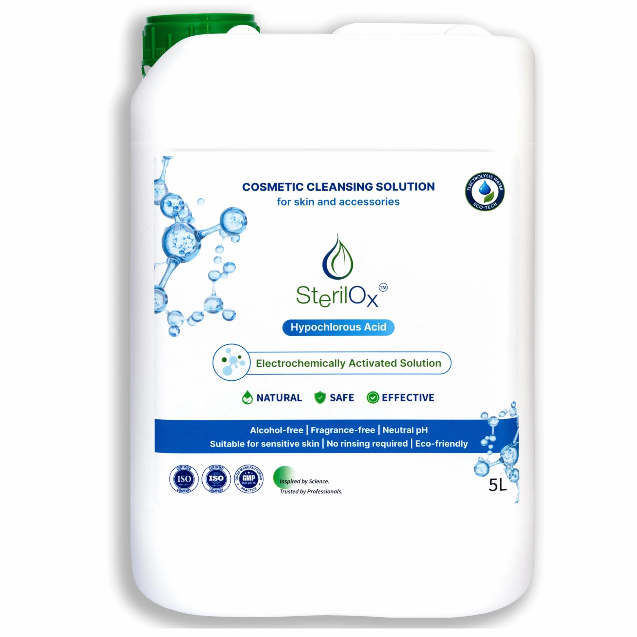 Soluzione Cosmetica con Acido Ipocloroso 5L Senza Alcol e Profumo Cura della Pelle Oggetti Superfici HoReCa
