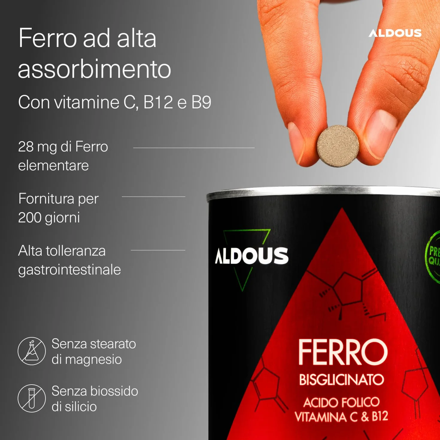 Ferro Integratore con Vitamina C, Acido Folico, B12-400 Compresse - Ferro Chelato - Globuli Rossi, Energia Supplemento, Sistema Immunitario - Integratore Stanchezza Fisica e Mentale - Vegan - ALDOUS