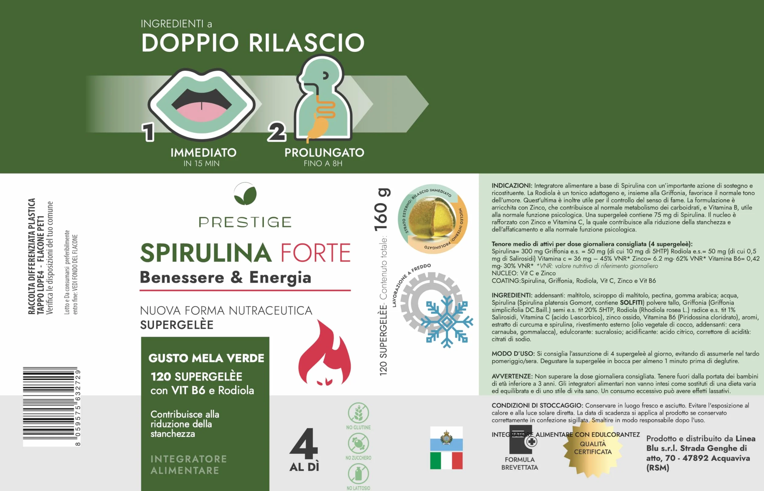 Spirulina Forte Integratore 120 Gommose Supergelée Mela Verde - Energia Focus Mentale Stanchezza Metabolico