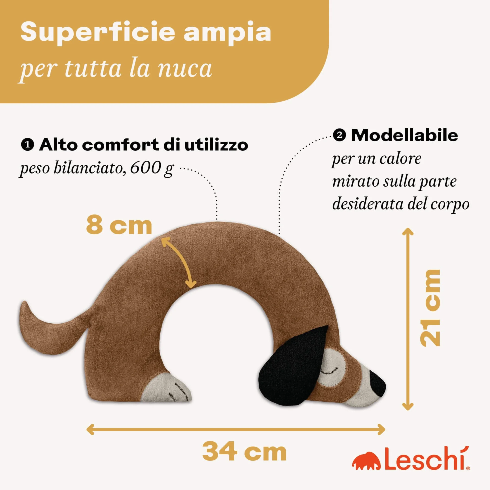 LESCHI Cuscino cervicale termico per microonde - 100% cotone e grano biologico - Cuscino riscaldante ideale per sciogliere tensioni a collo, spalle e schiena - Cane, beige