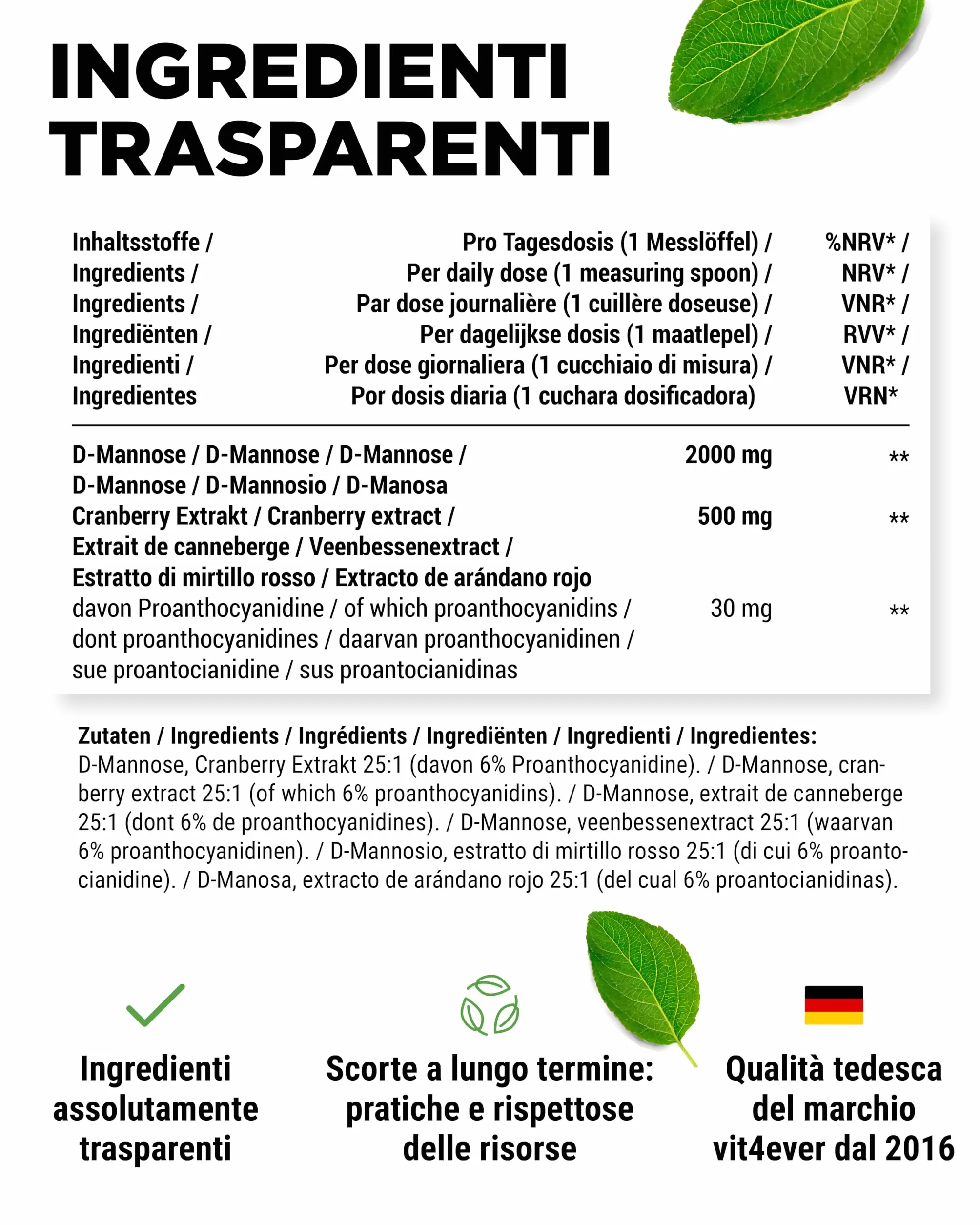 Vit4ever D-Mannosio in Polvere con Cranberry 2000 mg + 500 mg - 300 g - 120 Applicazioni - Vegano