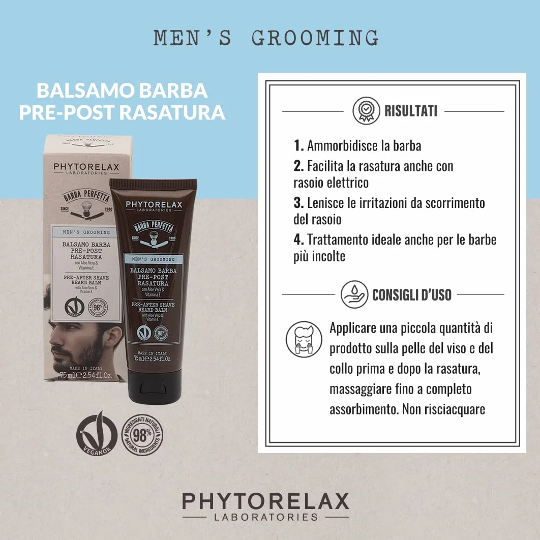Phytorelax Laboratories Trattamento Barba Perfetta Balsamo Pre-Post Rasatura con Aloe Vera e Vitamina e - 98% Ingredienti di Origine Naturale - 75ML