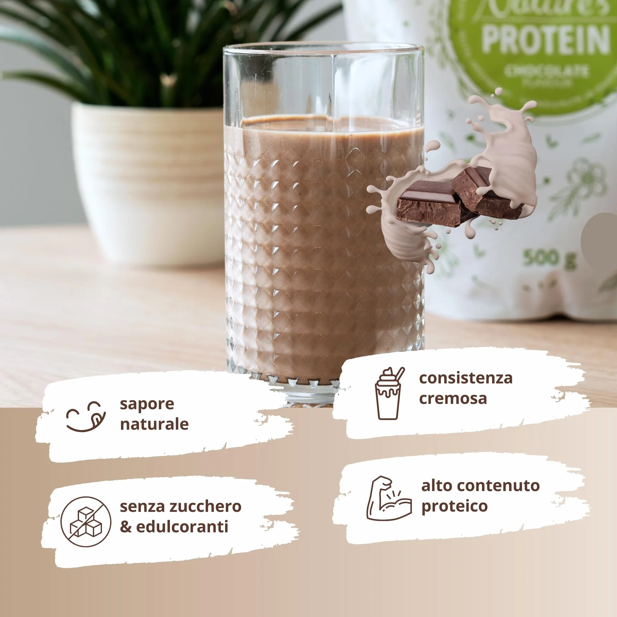 nutri+ Proteine in Polvere Naturali Cioccolato senza Edulcoranti 500g Proteina di Soia e Piselli Bibita Sportiva senza Lattosio per Shake o per Cucinare senza Glutine Vegano