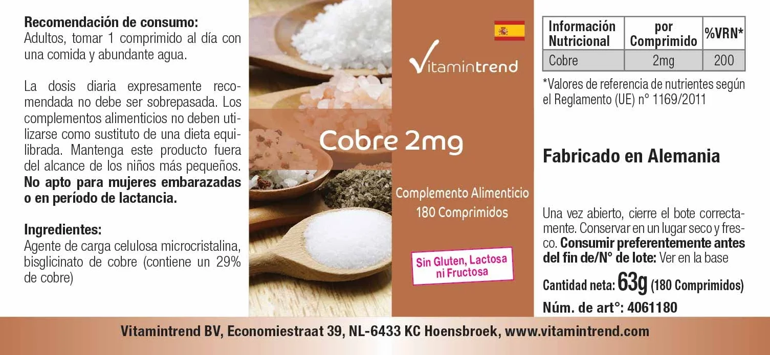 Vitamintrend rame 2 mg, 180 compresse, facili da deglutire, integratore alimentare vegano senza magnesio stearato, prodotto in Germania