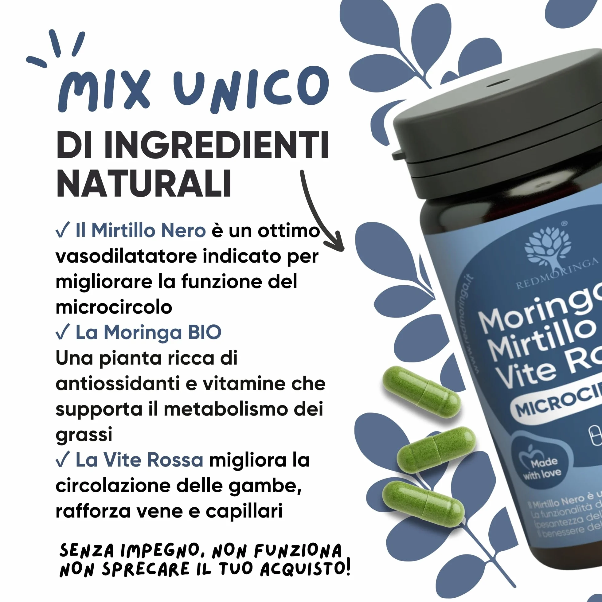 RedMoringa Integratore Microcircolo Gambe Mirtillo Nero e Vite Rossa con Moringa BIO 60 Capsule