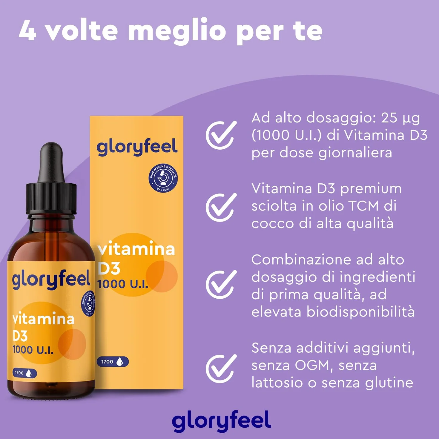Vitamina D3 1000 UI per Goccia, 50ml (1700 Gocce), Eletto PRODOTTO DELL'ANNO 2025, Supporta Ossa, Denti e Sistema Immunitario, Vitamina D Colecalciferolo, in Olio MCD ad Alta Stabilità
