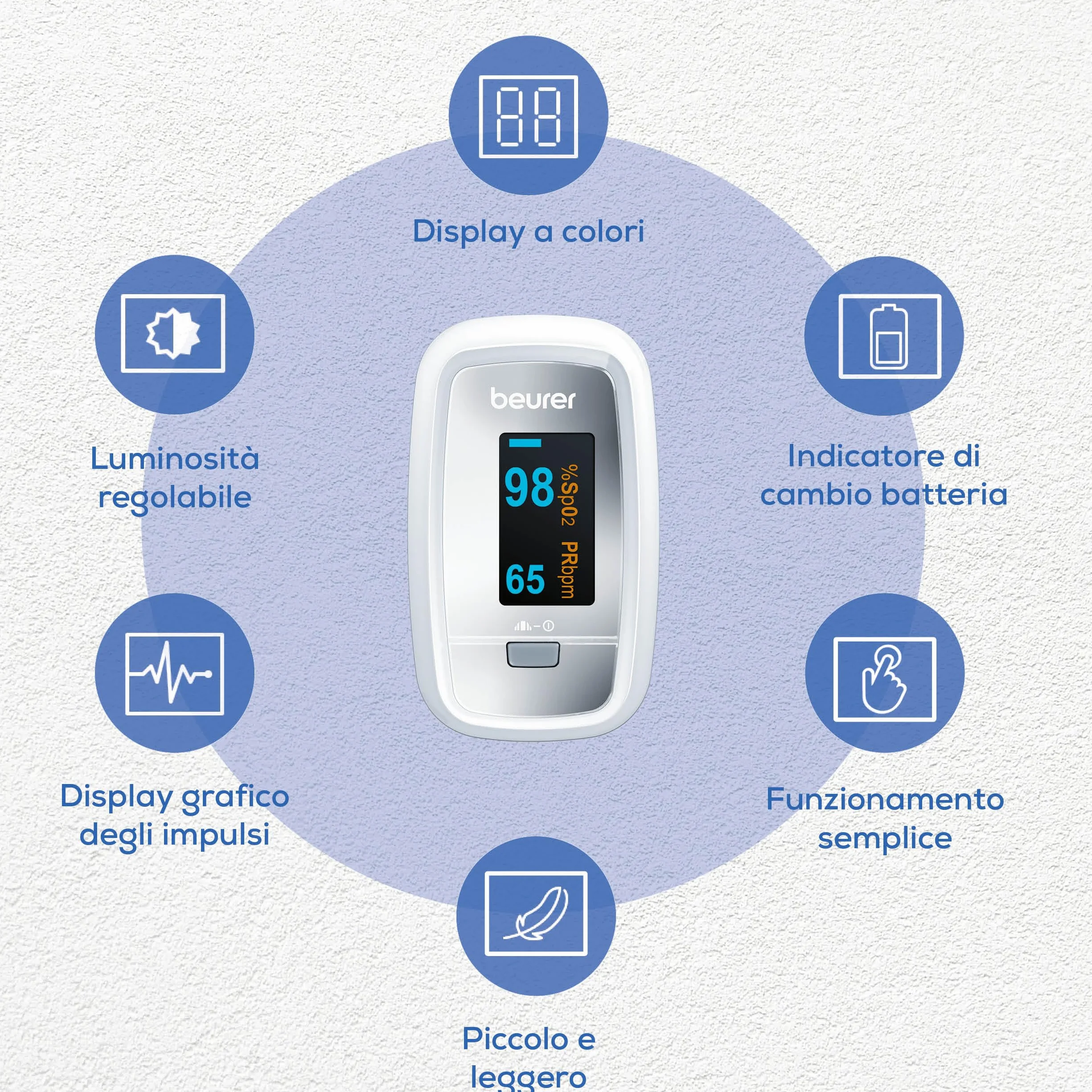 Beurer PO 30 Saturimetro da Dito Professionale SpO2 Frequenza Cardiaca Display Colorato Custodia Inclusa Dispositivo Medico