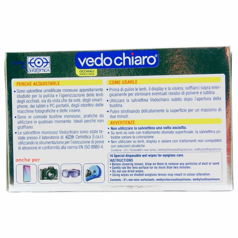 Vedo Chiaro 16 Salviettine Umidificate Monouso Studiate per la Pulizia delle Lenti degli Occhiali, da Vista e da Sole, degli Smartphone, dei Tablet e PC Portatili etc (2 CF da 16)