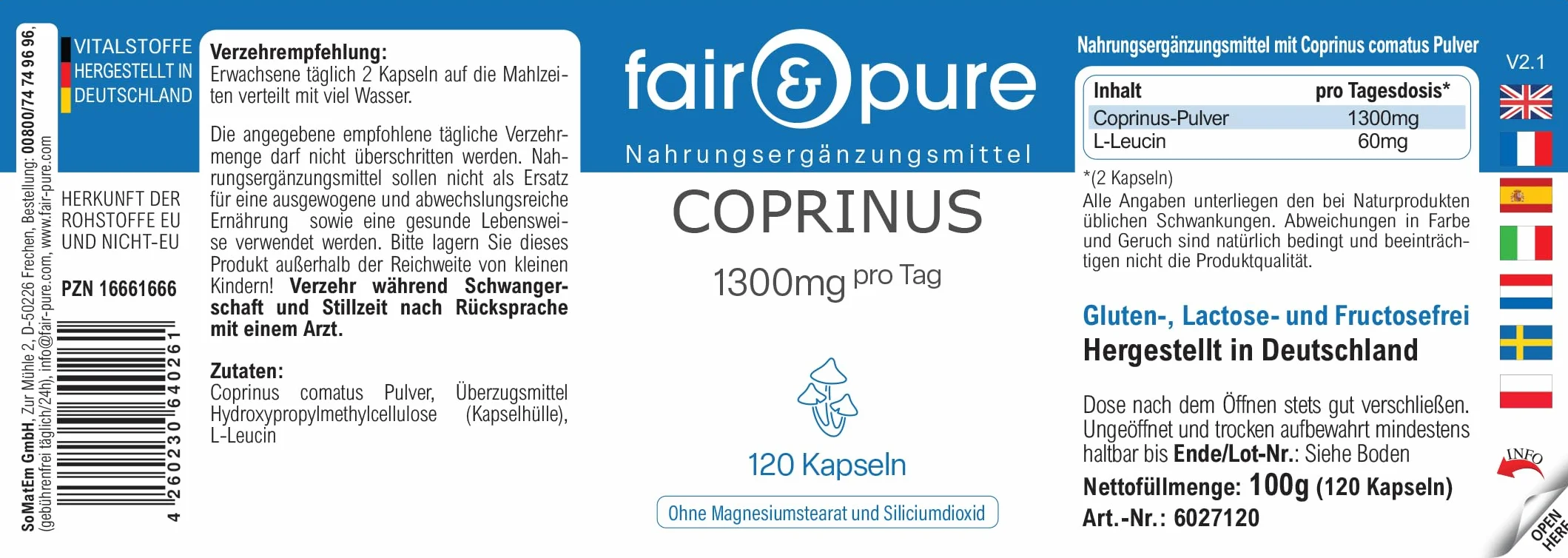 Fair & Pure Capsule di Coprinus 1300mg dose giornaliera, 120 pezzi, fungo coprinus, integratore alimentare vegano senza additivi, prodotto in Germania